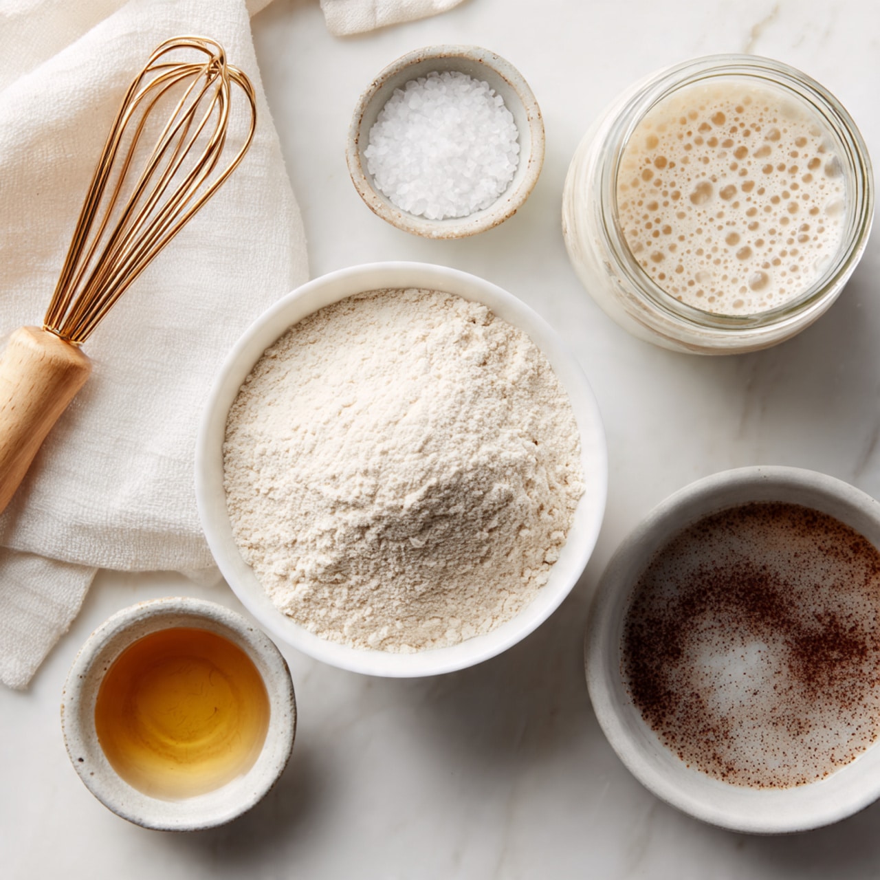 The image shows five small white bowls on a white marbled surface, each containing a different ingredient with a light wooden whisk and a folded white cloth to the left. The largest bowl in the center holds a mound of light beige flour with a soft, powdery texture. Above it slightly to the right is a jar filled with a bubbly, light cream-colored mixture. Next to the jar on the right is a bowl with a dark brown, wet mixture, textured with small, uneven spots. Below this bowl is a small bowl filled with a clear golden liquid. Above the flour bowl and to the left is a smaller bowl with white granulated salt. The scene is lit softly from above, casting gentle shadows around the bowls. photo taken with an iphone --ar 4:5 --v 7