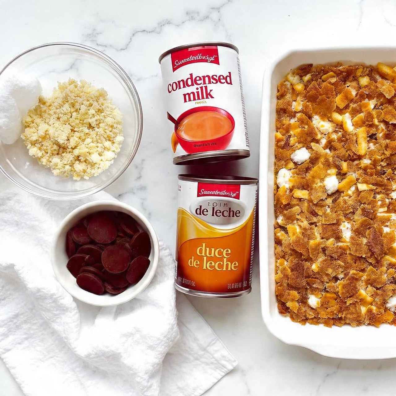The image shows ingredients arranged on a white marbled surface with a white towel underneath. There are two white bowls; one filled with light tan crushed crackers and the other with dark brown chocolate disks. Next to the bowls, there are two cans placed side by side, one labeled