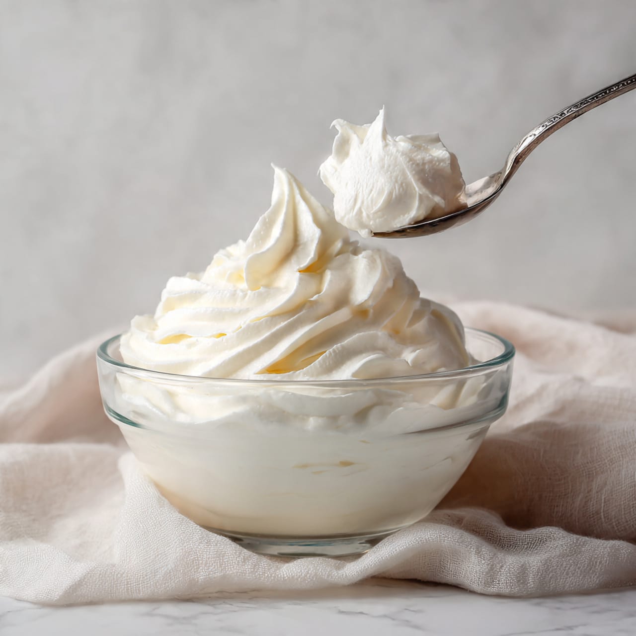 A clear glass bowl filled almost to the top with smooth and creamy white whipped cream. A silver spoon is holding a large dollop of the whipped cream above the bowl, showing its soft and fluffy texture with small gentle peaks. The bowl sits on a white marbled surface with a soft cloth draped in the background. The light color tones and soft shadows make the whipped cream look fresh and inviting. photo taken with an iphone --ar 4:5 --v 7