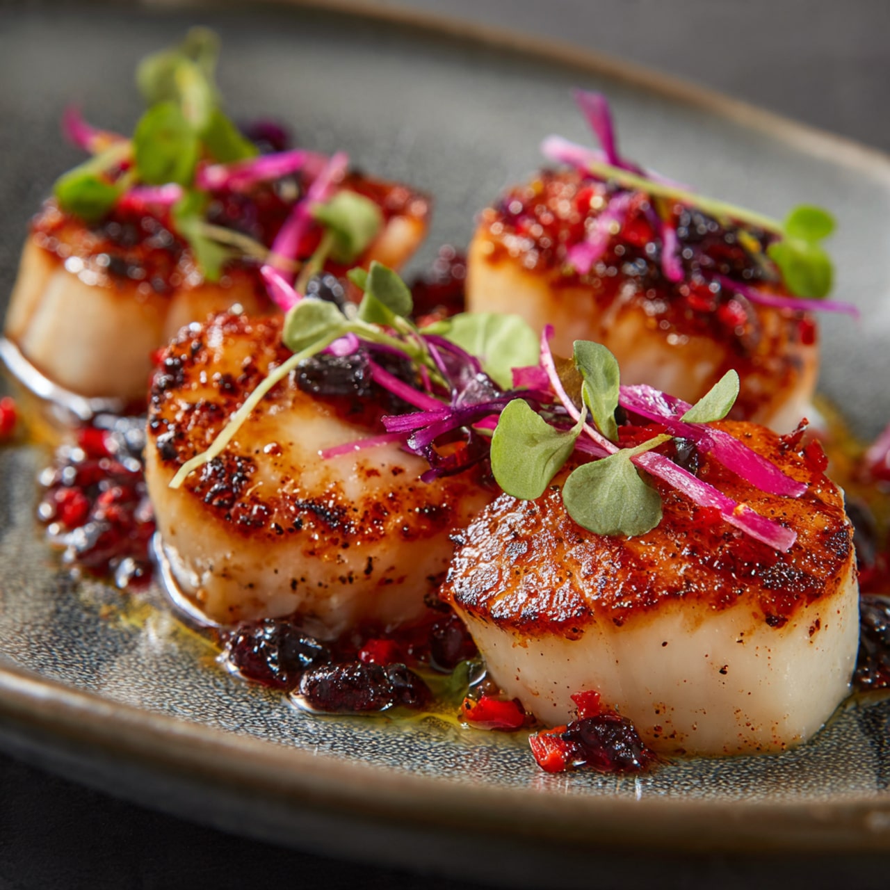 The image shows a white plate filled with nine round seared scallops arranged closely in three rows. Each scallop has a crispy golden-brown top with specks of black seasoning and a moist, light beige base. They are garnished with small chopped green herbs scattered over them and a drizzle of yellow melted butter oil pooling lightly around the scallops, giving a shiny look. In the middle of the plate, there is a small bunch of fresh green parsley, and at the top edge of the plate, there is a lemon half with visible seeds and texture. The background is a white marbled surface. photo taken with an iphone --ar 4:5 --v 7