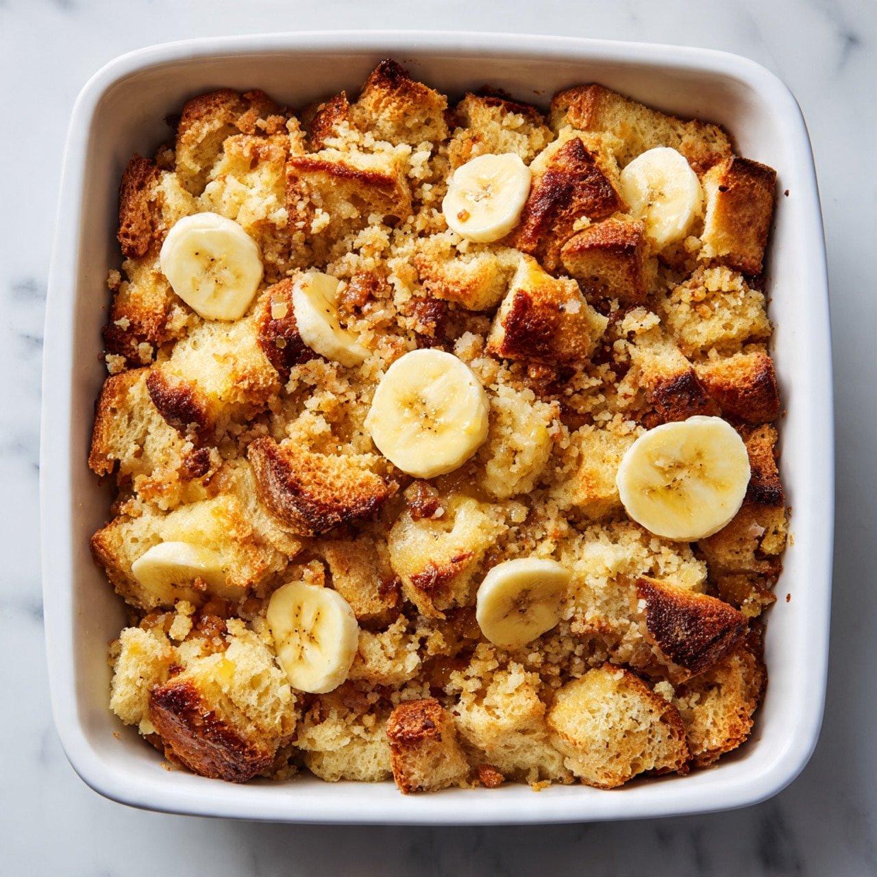 The image shows a close-up top view of a baked dessert in a white rectangular dish, featuring a crumbly golden brown topping with a rough texture, mixed with uneven pieces of bread or cake that are light brown and slightly darker toasted in some spots. Scattered on top are slices of banana, yellow with soft brown centers, partially embedded in the crumbly surface. The overall look is warm, inviting, and rustic with a mix of soft and crunchy textures. The dish is set against a white marbled surface. Photo taken with an iphone --ar 4:5 --v 7