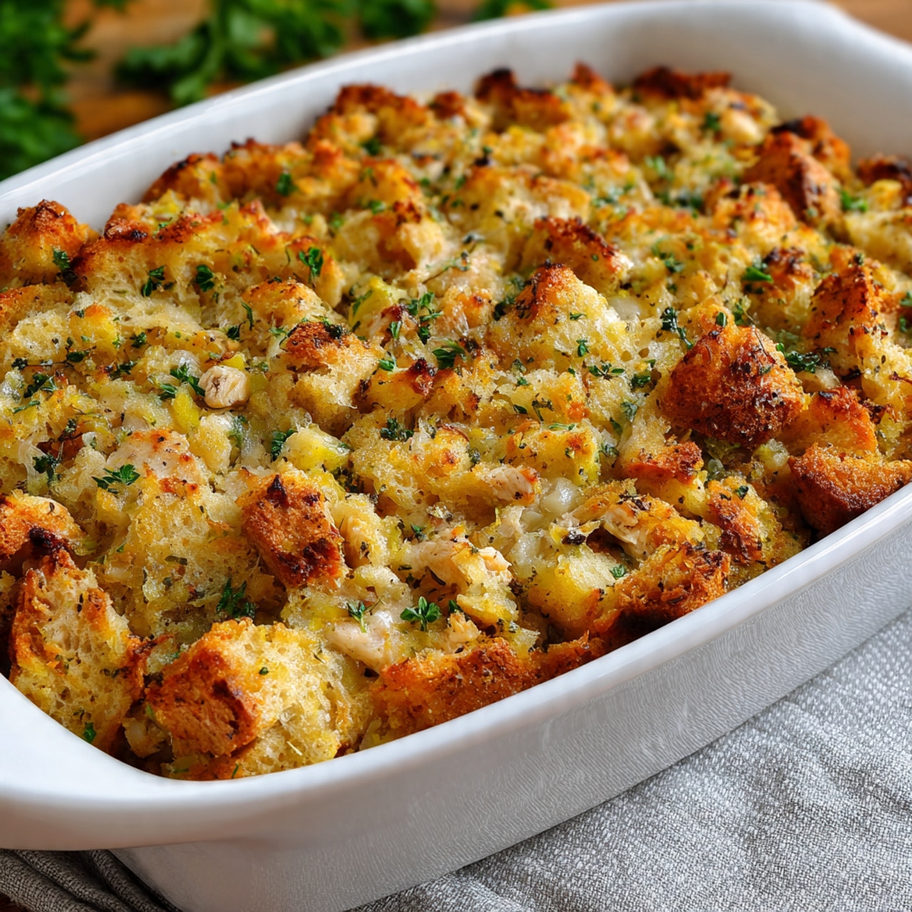 The image shows several white bowls and small dishes arranged on a white marbled surface. There are two large bowls filled with shredded light beige chicken, one at the top left and one at the bottom left. In the center, there are five small dishes: one contains dried green herbs, another light brown powder, another darker brown powder, one with a pale yellow powder, and a small bowl of smooth white mayonnaise or sauce. A small white bowl at the bottom center holds golden brown toasted breadcrumbs or croutons. On the right side, a white divided dish holds mixed colorful vegetables including green peas, yellow corn, and orange carrots. Near the top right are a glass cup with light yellow broth and a metal pot filled with the same broth. Photo taken with an iphone --ar 4:5 --v 7