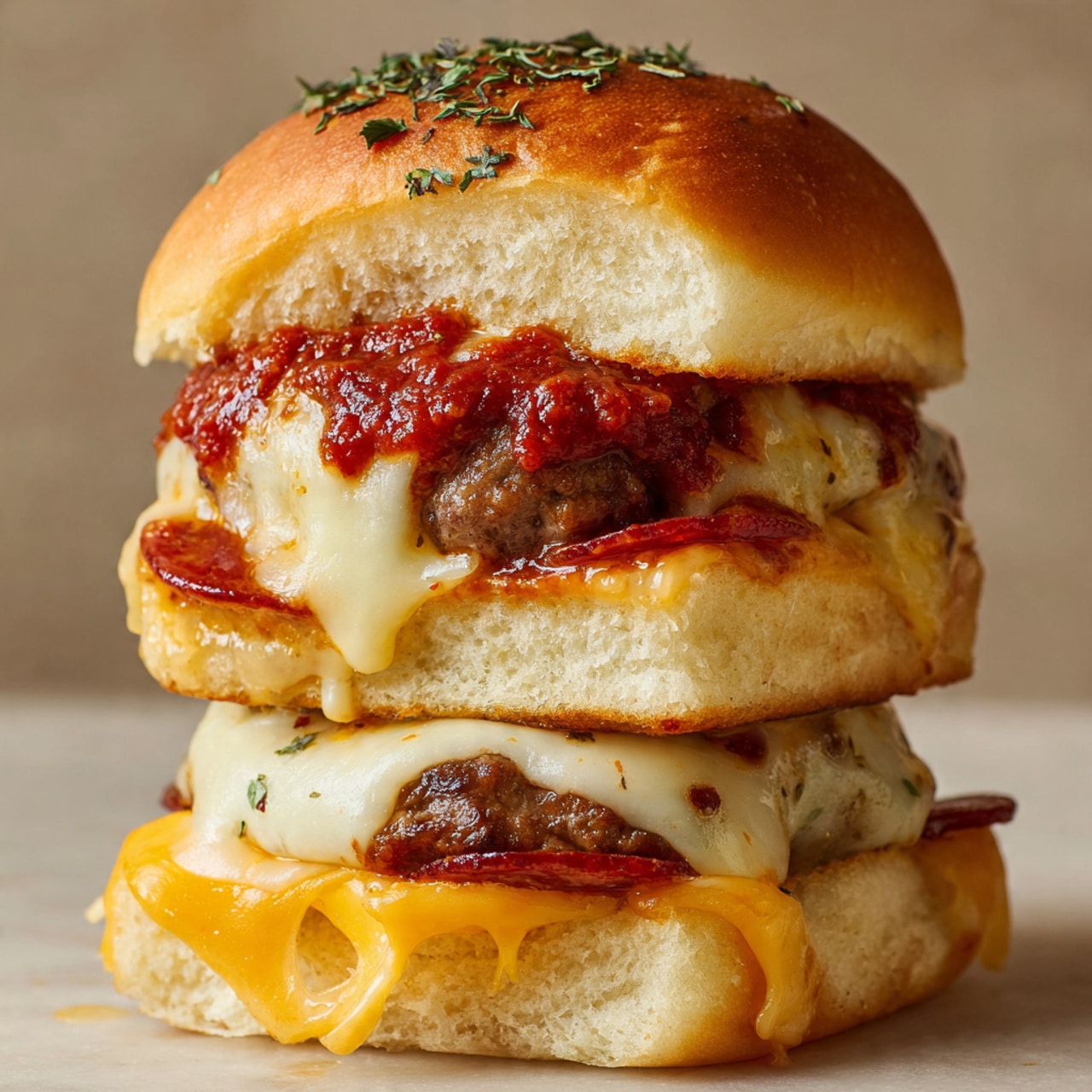 A tall sandwich made of three thick soft white sandwich buns stacked vertically. The top bun is covered with red sauce and sprinkled with dried herbs. Below it is a layer of melted light yellow cheese with some dark red pepperoni slices partially visible, sitting on a brown meat patty. The middle bun supports more melted cheese and red pepperoni, with another brown meat patty under it. The bottom bun has a slice of orange cheddar cheese and more pepperoni, completing the stack. The sandwich looks juicy with melted cheese oozing between layers. Photo taken with an iphone --ar 4:5 --v 7