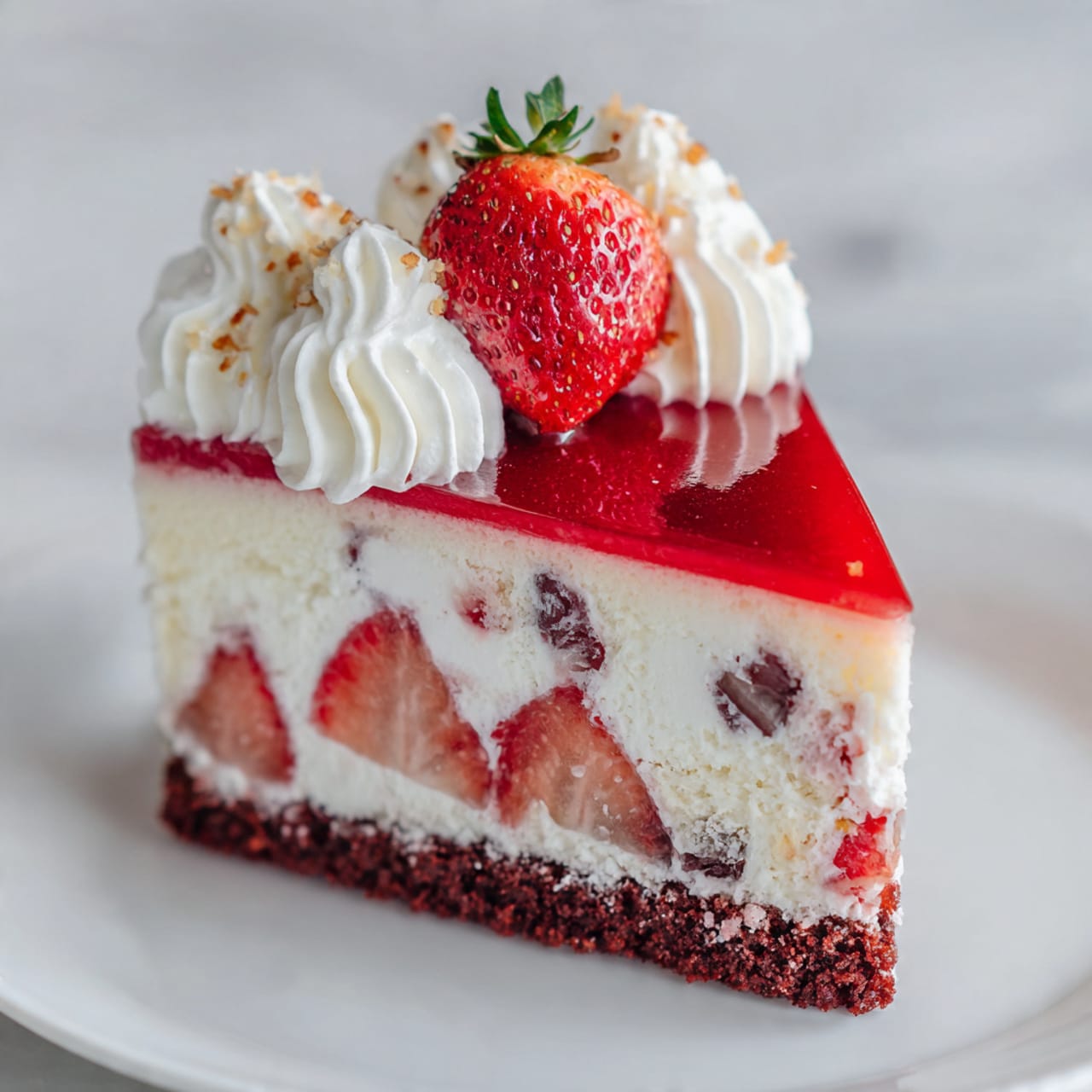 A slice of layered cake is shown on a white plate with a white marbled texture surface. The bottom layer is a crumbly, dark red cake layer. Above it, there is a creamy white layer with visible chunks of red strawberries inside. On top of the creamy layer, there is a smooth, shiny red jelly layer. The cake is decorated with three dollops of white whipped cream around the edges and several fresh strawberry slices and one whole strawberry in the center on top. The texture of the whipped cream looks soft and fluffy, and the strawberries appear juicy. Photo taken with an iphone --ar 4:5 --v 7