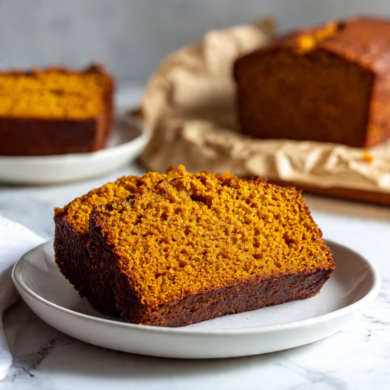 A single slice of pumpkin bread with a deep orange color and a moist, slightly crumbly texture sits on a plain white plate. The edges of the slice are darker brown, showing a baked crust thicker at the bottom and sides. In the soft focus background, there are two larger pieces of the same pumpkin bread with a rich orange interior and dark crust, placed on a white marbled surface covered partially with crumpled parchment paper. The setting gives a warm, homemade feel, and the lighting highlights the texture and color contrasts of the bread photo taken with an iphone --ar 4:5 --v 7