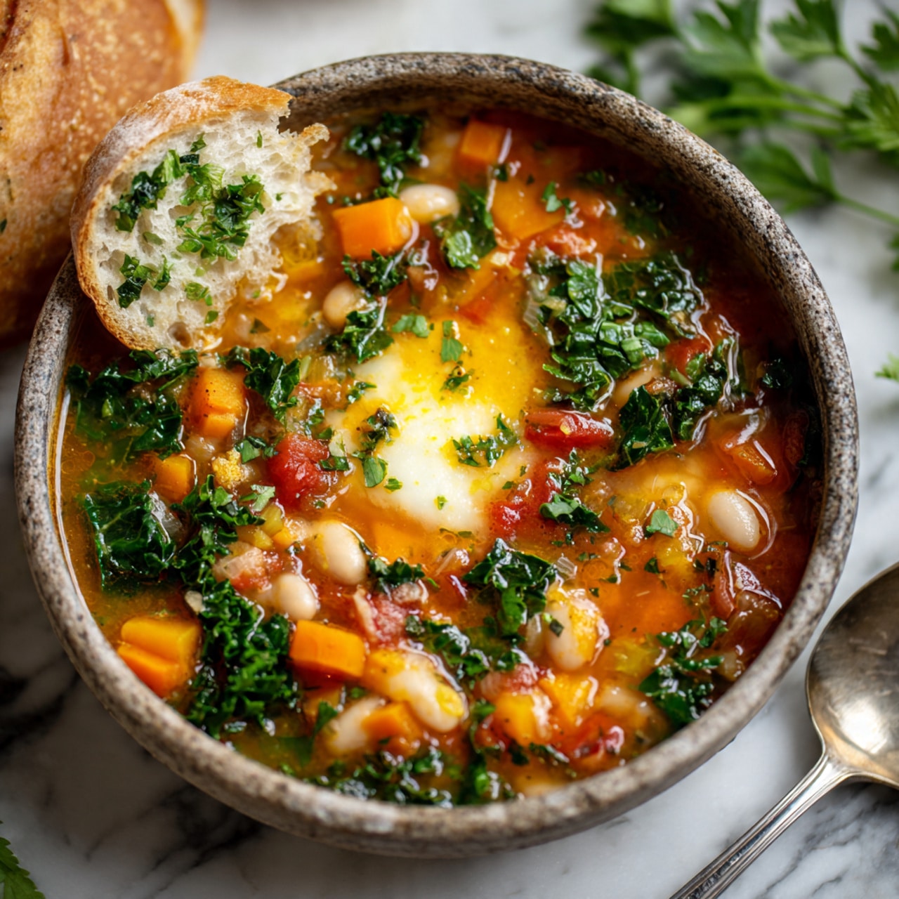 A rustic stone bowl filled with a thick vegetable soup showing many small diced pieces of orange carrot, green kale, white beans, and bits of red tomato in a rich, orange broth. Some melted light yellow cheese floats on top at the center, looking soft and gooey. A slice of white bread with green parsley bits rests partly dipped on the side of the bowl. The bowl is placed on a white marbled surface with another loaf of bread blurred in the background, along with sprigs of fresh herbs nearby. Photo taken with an iphone --ar 4:5 --v 7