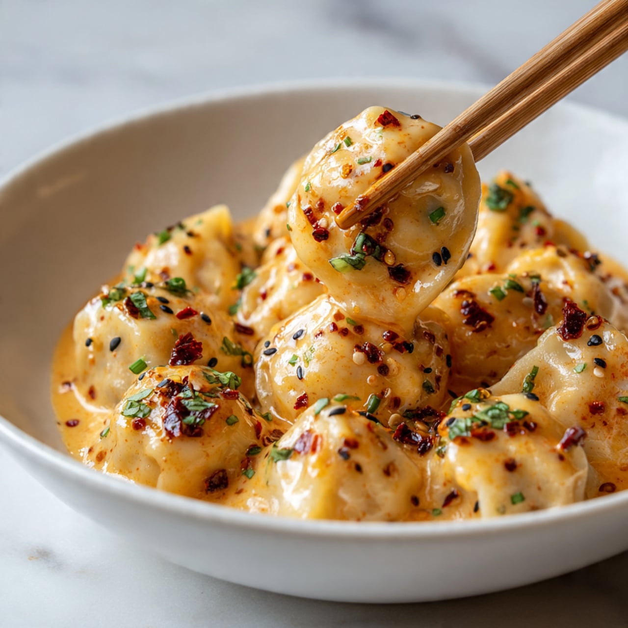 A close-up image of a white bowl filled with several golden-brown dumplings covered in a creamy, light orange sauce. Each dumpling is topped with small bits of dark chili oil and scattered green herbs, giving a speckled color effect. In the foreground, a single dumpling is held delicately by wooden chopsticks, showing a glossy sheen from the sauce and dark chili seeds on top. The background is softly blurred, highlighting the texture of the sauce and the garnished dumplings underneath. The dish sits on a white marbled surface. photo taken with an iphone --ar 4:5 --v 7
