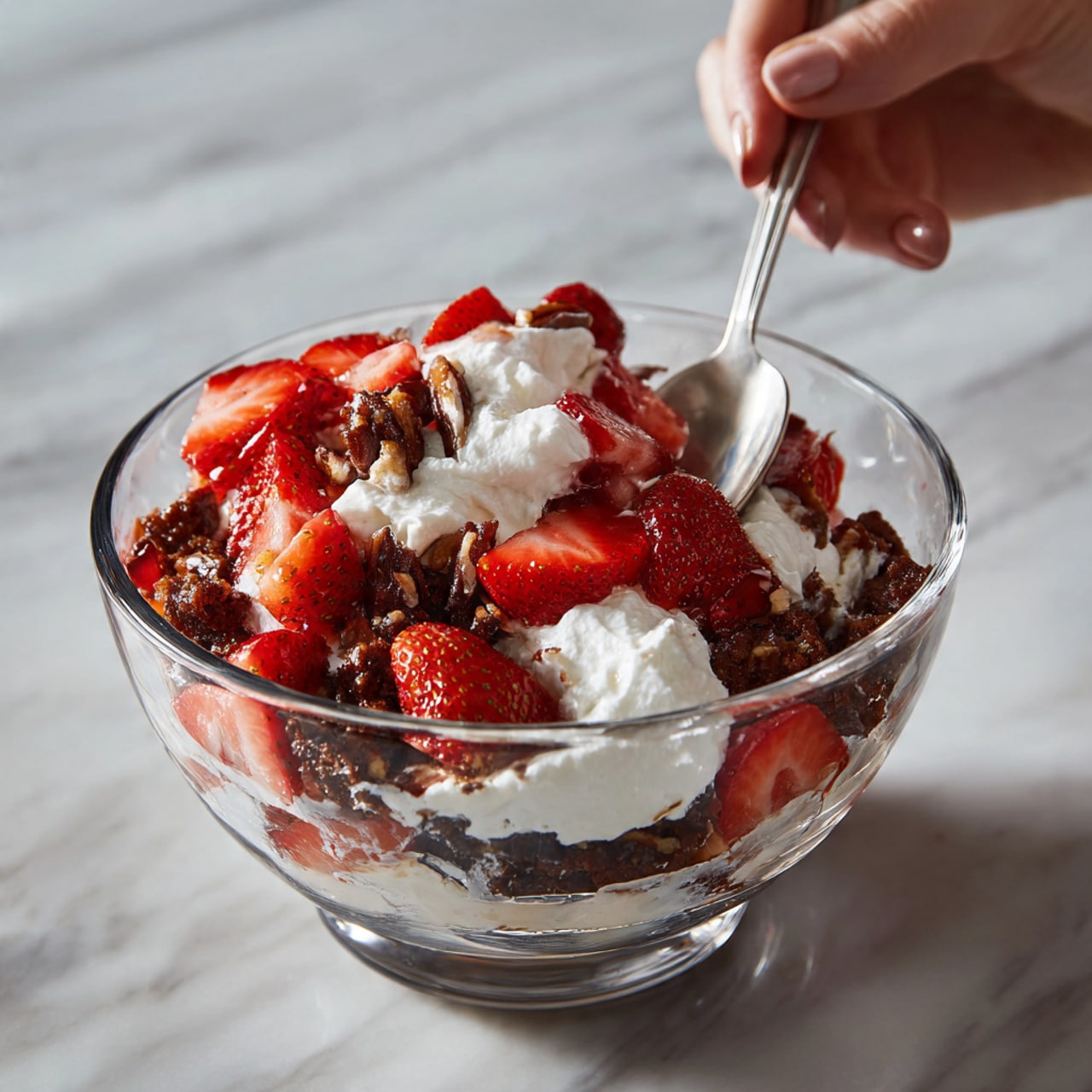 The image shows a close-up of a creamy dessert served in a small white bowl placed on a white marbled surface with a striped cloth underneath. Inside the bowl, there are visible layers of white whipped cream mixed with bright red sliced strawberries and crunchy golden-brown candied walnuts. A shiny metal spoon lies next to the bowl on the cloth. In the background, there is a larger glass bowl, filled with the same dessert, showing a mix of white cream, red strawberries, and brown candied walnuts. The overall texture looks soft and fluffy with small crunchy pieces scattered throughout. Photo taken with an iphone --ar 4:5 --v 7