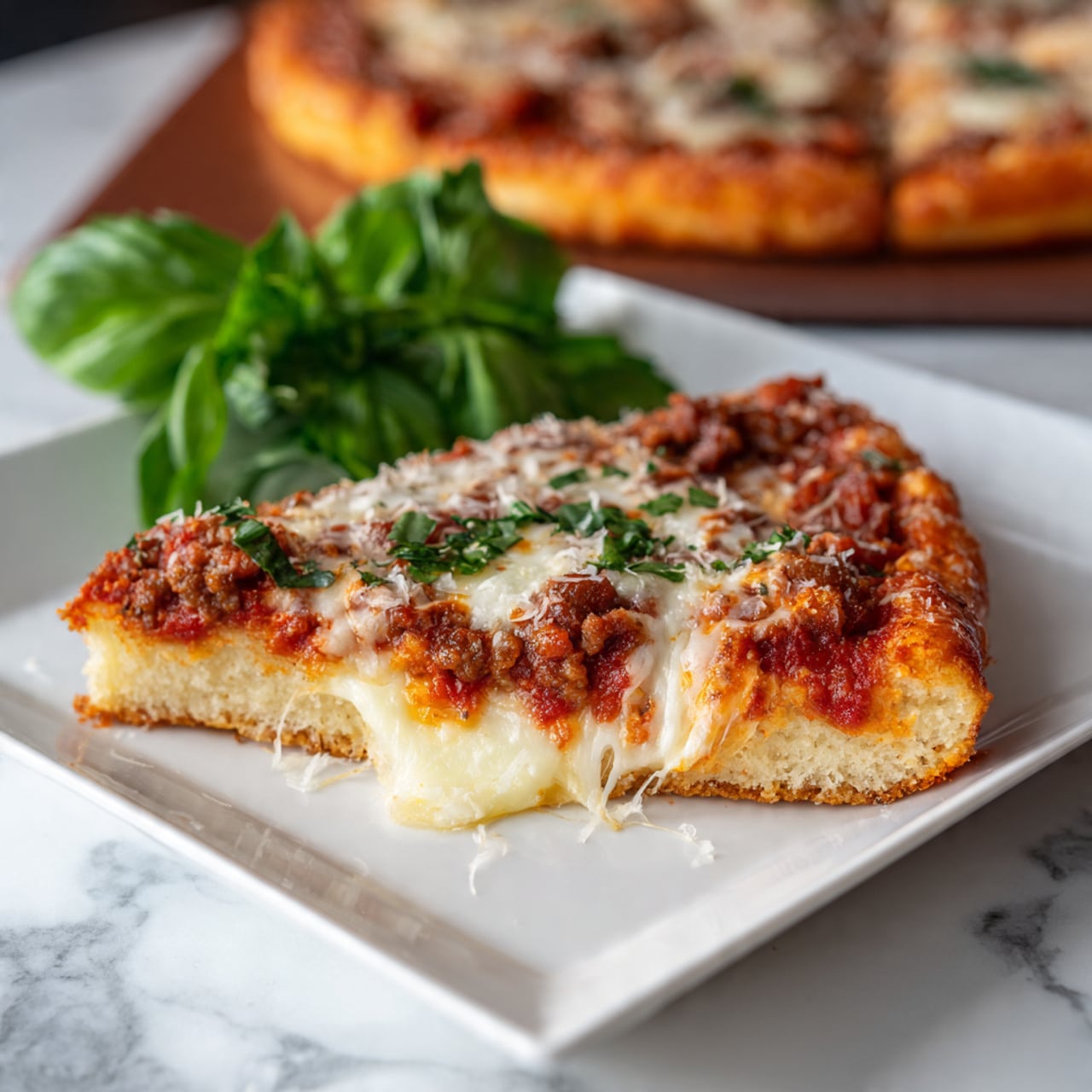 A single slice of pizza lies on a white square plate, showing three visible layers: the bottom layer is a thick, fluffy crust with a light golden-brown color, the middle layer is melted, creamy cheese stretching slightly as it is pulled away from the main pizza, and the top layer is a rich red tomato sauce mixed with small bits of browned meat and sprinkled with some green herbs and grated cheese. A small bunch of fresh green basil leaves is placed next to the slice on the plate. The background is a white marbled surface with part of the full pizza blurred in the distance. Photo taken with an iphone --ar 4:5 --v 7