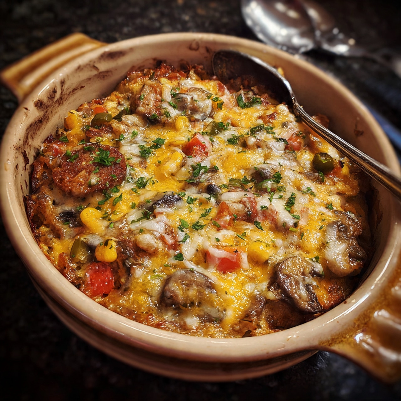A white baking dish filled with one layer of crispy golden tater tots neatly arranged side by side, covered with a layer of melted bright orange cheddar cheese that looks smooth and slightly bubbly, topped with a drizzle of red hot sauce spread in thin, uneven lines across the dish, and sprinkled with small pieces of fresh green parsley. The dish is set on a white marbled surface. Photo taken with an iphone --ar 4:5 --v 7