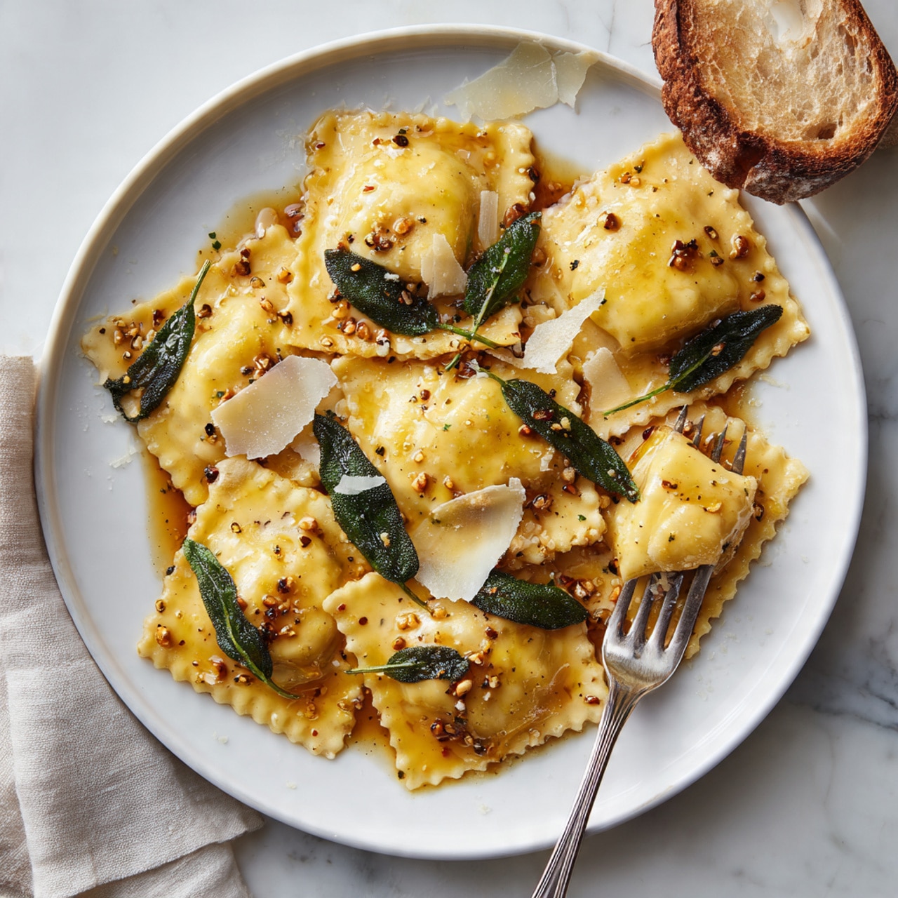 A white plate holds about ten square-shaped ravioli, each with a light yellow pasta exterior. The ravioli are covered with a glossy brown butter sauce sprinkled with small chopped nuts and black pepper. Several whole fried sage leaves, dark green and slightly curled, are scattered on top. Thin shavings of pale yellow cheese rest on some ravioli pieces. A silver fork is placed on the right side of the plate, holding one ravioli. A torn piece of brown crusty bread rests on the edge of the plate at the top right. The plate is set on a white marbled surface with a chunk of Parmesan cheese and thin cheese shavings on a white plate nearby. Photo taken with an iphone --ar 4:5 --v 7