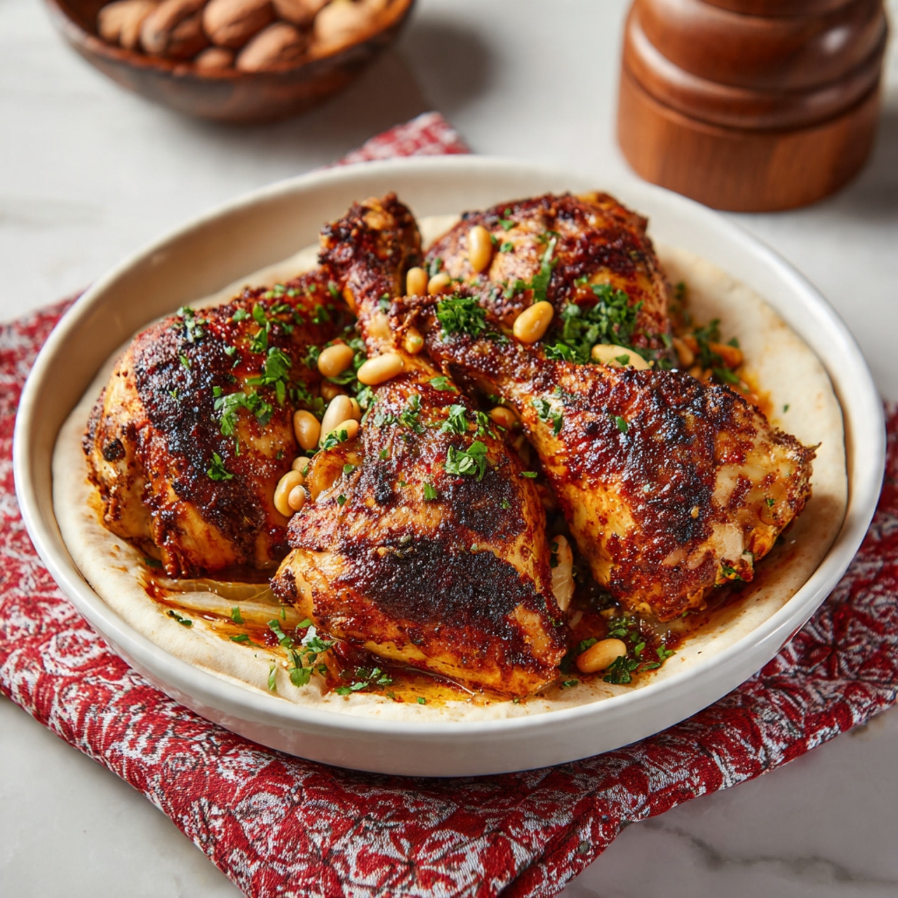A white bowl holds four pieces of dark brown roasted chicken with a crispy, spiced skin, arranged close together. The chicken rests on a layer of soft, white flatbread that lines the bowl's bottom and edges. Scattered over the chicken and flatbread are light brown toasted pine nuts and small green chopped herbs. Underneath the chicken, a thin layer of cooked onions is visible, adding texture and color contrast. The bowl sits on a red and white patterned cloth over a white marbled surface, and in the background, there is a wooden spice grinder and nuts slightly out of focus. Photo taken with an iphone --ar 4:5 --v 7