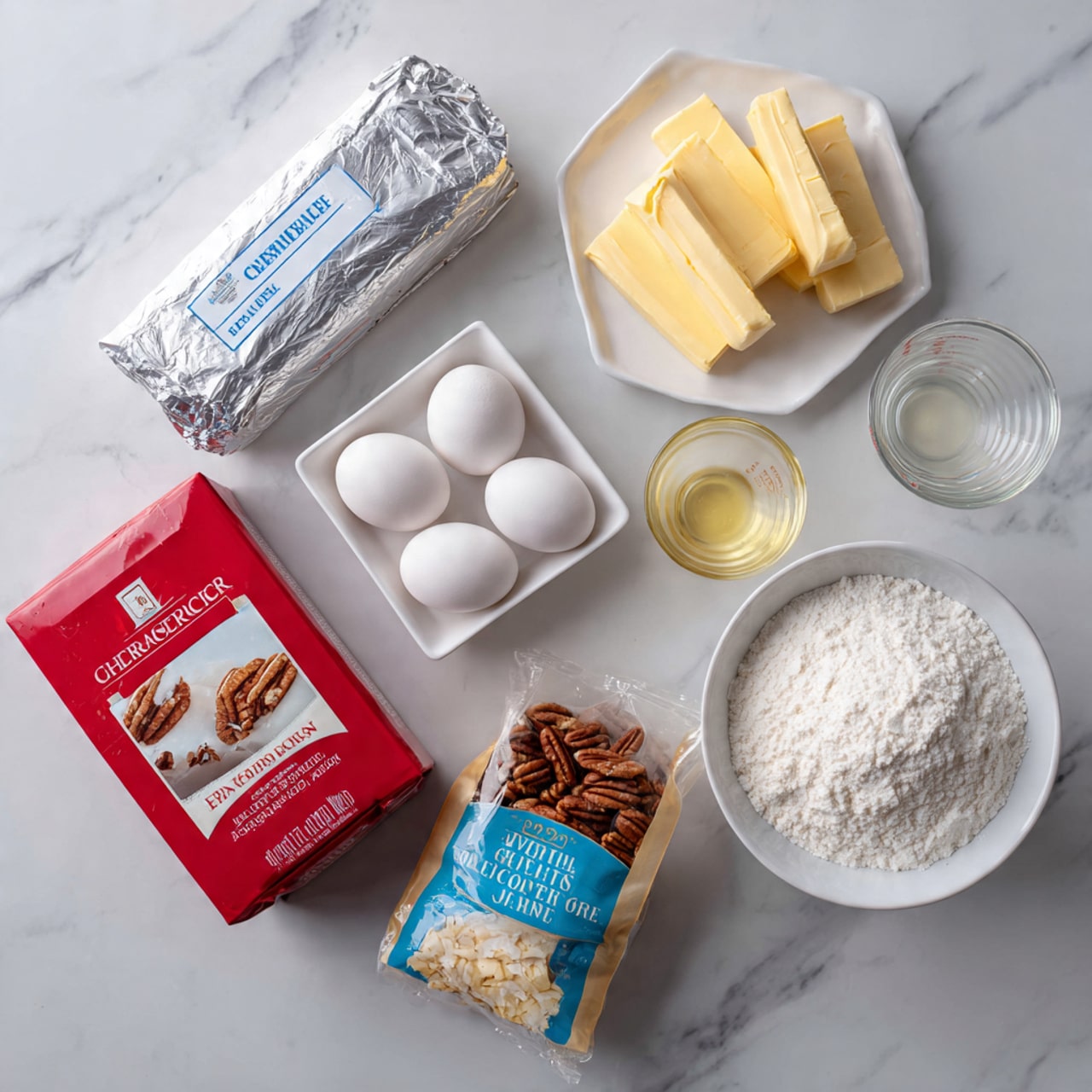 On a white marbled surface, there is an arrangement of baking ingredients. At the top left is a silver foil package of cream cheese, next to a white plate holding several rectangular blocks of pale yellow butter. To the right of the butter plate, there are two glass measuring cups, one with a clear liquid and another with a slightly yellow liquid inside. Below them is a small white square bowl holding three white eggs. On the bottom right, there's a white bowl filled with a fluffy white powder. On the left side, a red box of German chocolate cake mix is placed vertically next to a blue bag of sweetened coconut flakes and a beige bag of pecan pieces. All items are neatly spread out on the white marbled surface. Photo taken with an iphone --ar 4:5 --v 7