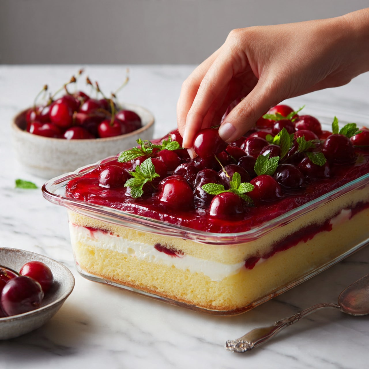 A clear glass rectangular dish shows a layered dessert with four distinct layers: the bottom layer is a soft yellow sponge cake, followed by a fluffy white cream layer, then a bright red cherry or berry jam layer, topped again by a thick white cream layer with fresh red cherries and small green mint leaves scattered on top. A woman’s hand is lightly placing a cherry on the cream surface. The dish is placed on a white marbled surface, with a small round white bowl filled with cherries and a silver spoon beside it. Photo taken with an iphone --ar 4:5 --v 7