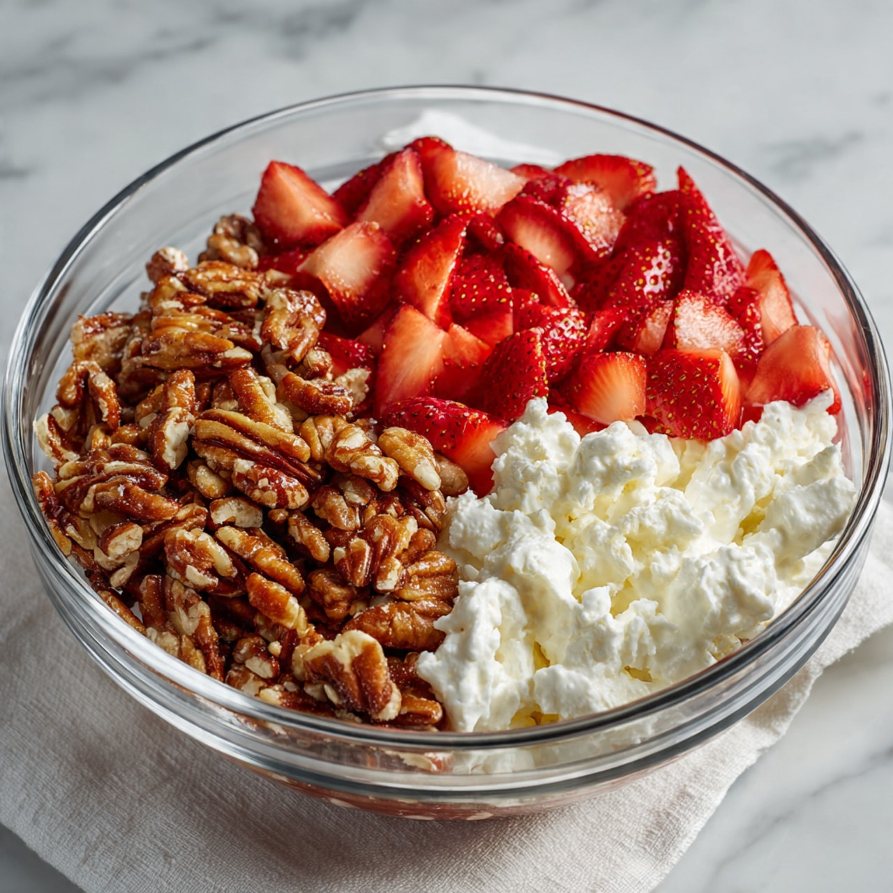 A clear glass bowl holds three distinct layers placed side by side: on the left, a thick layer of crunchy brown caramelized pecans with a sticky texture; in the middle, fresh bright red sliced strawberries with a juicy and smooth look; on the right, a fluffy white cream layer with a soft and airy texture. The bowl is on a white marbled surface with a white cloth underneath. Photo taken with an iphone --ar 4:5 --v 7
