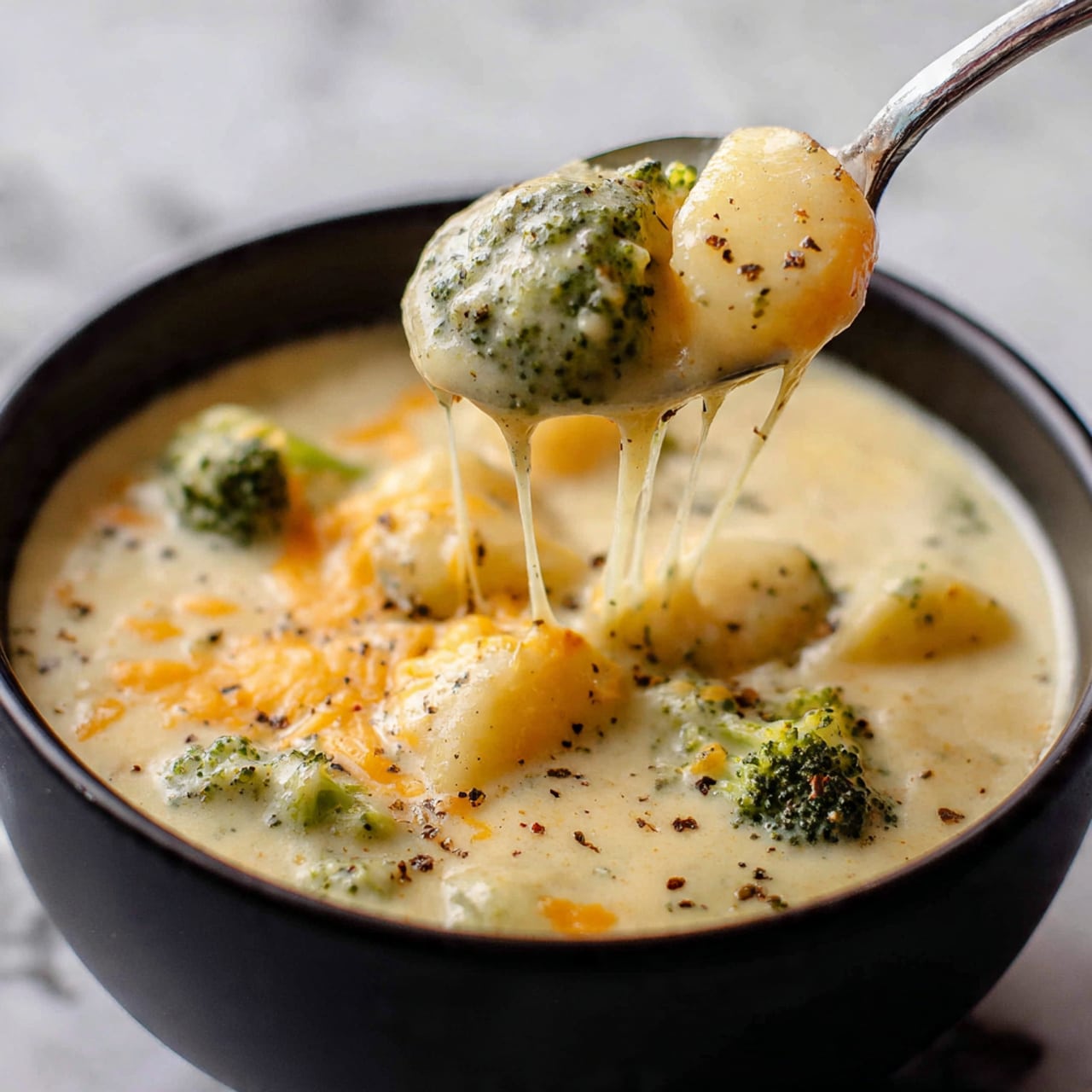 A black bowl filled with creamy, cheesy soup that has soft chunks of light yellow potatoes and small green broccoli pieces mixed in. The soup has a thick, smooth texture with melted cheese strings stretching from the spoon to the bowl. The soup surface shows light orange melted cheese spots with black pepper sprinkled on top. A woman's hand holds the spoon lifting the soup close to the camera. The background is blurred with a white marbled texture surface underneath the bowl. photo taken with an iphone --ar 4:5 --v 7