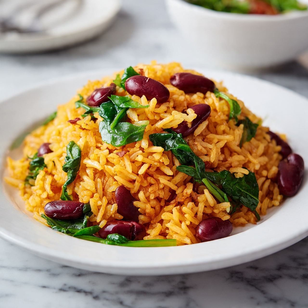 A close-up view of a white round plate filled with a colorful rice dish that has three main layers mixed together: orange-yellow rice, dark red kidney beans, and bright green spinach leaves. Tiny orange carrot cubes are scattered throughout, adding more color and texture. The rice appears soft and moist, slightly shiny under the light, with the beans adding a firm texture and the spinach a fresh, leafy contrast. A silver fork is placed inside the dish at the top right of the plate, partially digging into the rice mix. The plate sits on a white marbled surface. photo taken with an iphone --ar 4:5 --v 7