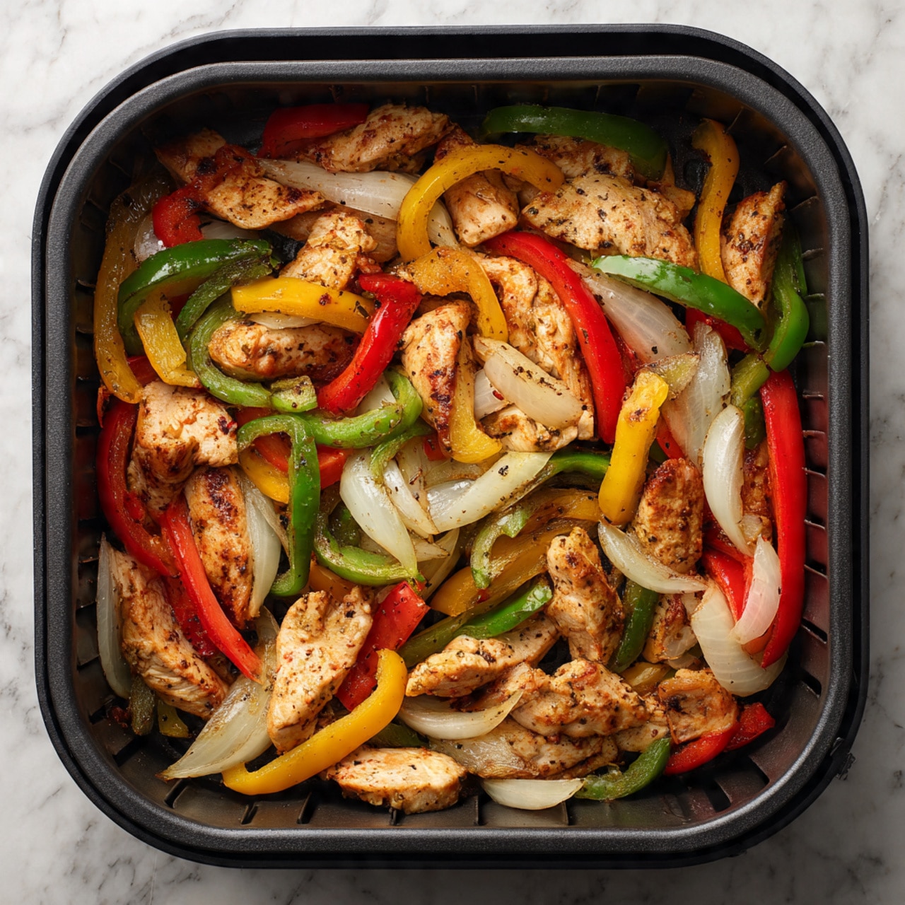 The image shows a close-up of a dish with three main layers. The bottom layer is a white plate with a smooth and slightly shiny texture. On top of the plate lies a mix of cooked chicken strips and bell pepper strips. The chicken pieces are light brown with grill marks and a slightly rough texture. The bell peppers come in three colors: yellow, green, and red, all sliced thin and soft with a glossy surface. The chicken and peppers are mixed evenly, creating a colorful, warm-toned pile. In the background, there are a few green leaves and part of a lime wedge visible, adding fresh green accents. The photo taken with an iphone --ar 4:5 --v 7
