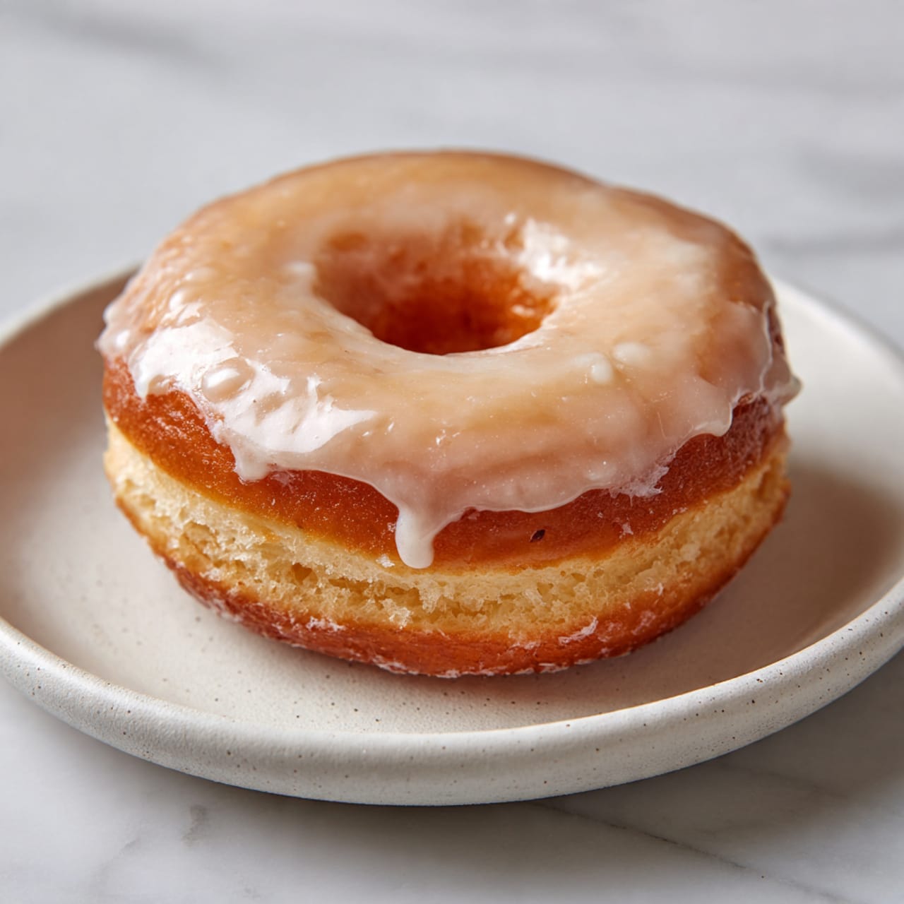 A single round donut with a thick, smooth light brown glaze on top, dripping slightly over the edges, shows a shiny, glossy texture. The donut has two visible layers: the bottom layer is golden brown with a soft and fluffy look, and the top layer is covered in the translucent glaze that adds a wet, shiny finish. The donut sits on a simple white plate with a subtle rough texture, placed on a white marbled surface. The photo taken with an iphone --ar 4:5 --v 7