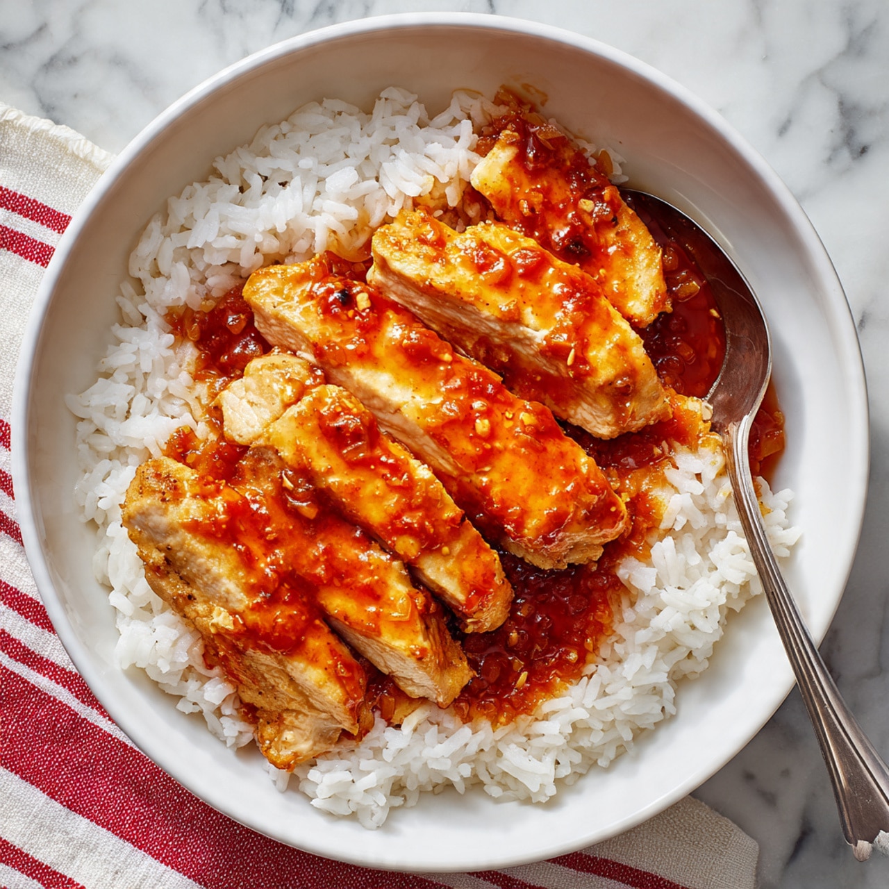 A white bowl filled with a base layer of fluffy white rice covering the bottom and sides. On top, several thick slices of cooked chicken covered in a shiny, deep red-orange sauce with a smooth texture and small bits of onions or garlic. The chicken pieces are arranged in the center, partially overlapping. A silver fork rests on the left side inside the bowl, touching the rice and chicken. The background is a white marbled surface with a red and white striped cloth partially visible beneath the bowl. Photo taken with an iphone --ar 4:5 --v 7