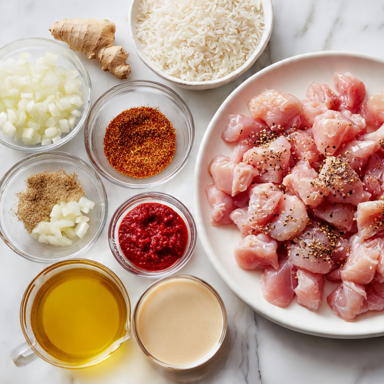 A white plate filled with uneven pieces of raw pink chicken sprinkled with black pepper sits in the upper right. Surrounding it on a white marbled surface are small clear glass bowls holding diced white onions, chopped garlic, a mix of brown and orange spices, uncooked white rice, bright red tomato paste, and a light yellow liquid. There is a piece of light brown ginger root placed near the rice. A glass measuring cup with a creamy white liquid and another with a light brown liquid are also present, all arranged around the main plate. Photo taken with an iphone --ar 4:5 --v 7