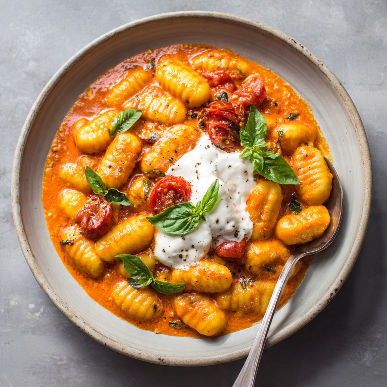 The image shows a yellow bowl filled with soft gnocchi covered in a creamy orange sauce. There are bright red cherry tomatoes scattered throughout the gnocchi. On top, there are three dollops of smooth white cream sprinkled with black pepper. Fresh green basil leaves are placed on the sauce and gnocchi, adding a fresh touch. A golden spoon rests inside the bowl on the right side. The bowl sits on a speckled green plate which is on a white marbled surface. In the background, there is a small wooden bowl with red chili flakes and a small green basil leaf nearby. The bottom left corner shows part of a white cloth with blue stripes. photo taken with an iphone --ar 4:5 --v 7