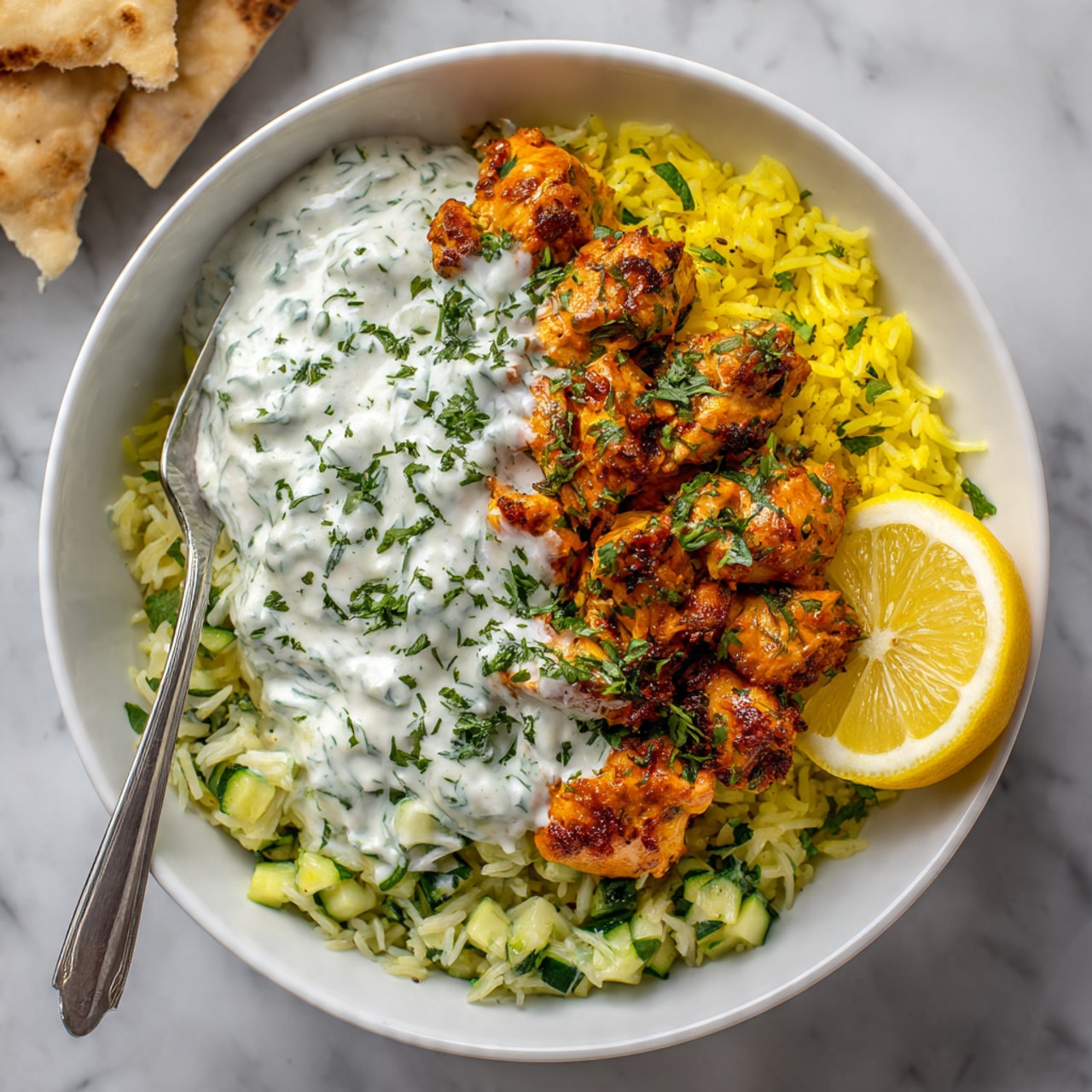 A white bowl filled with three main layers: at the bottom, fluffy yellow rice mixed with small green zucchini cubes is spread evenly; the middle layer shows golden-brown cooked chicken pieces with herbs sprinkled on top; and the top layer consists of white creamy sauce drizzled over the chicken and rice, garnished with finely chopped green herbs. A bright yellow lemon wedge sits on the right edge of the bowl, and a metal fork rests inside on the left. The background is a white marbled surface with blurred pieces of flatbread. Photo taken with an iphone --ar 4:5 --v 7