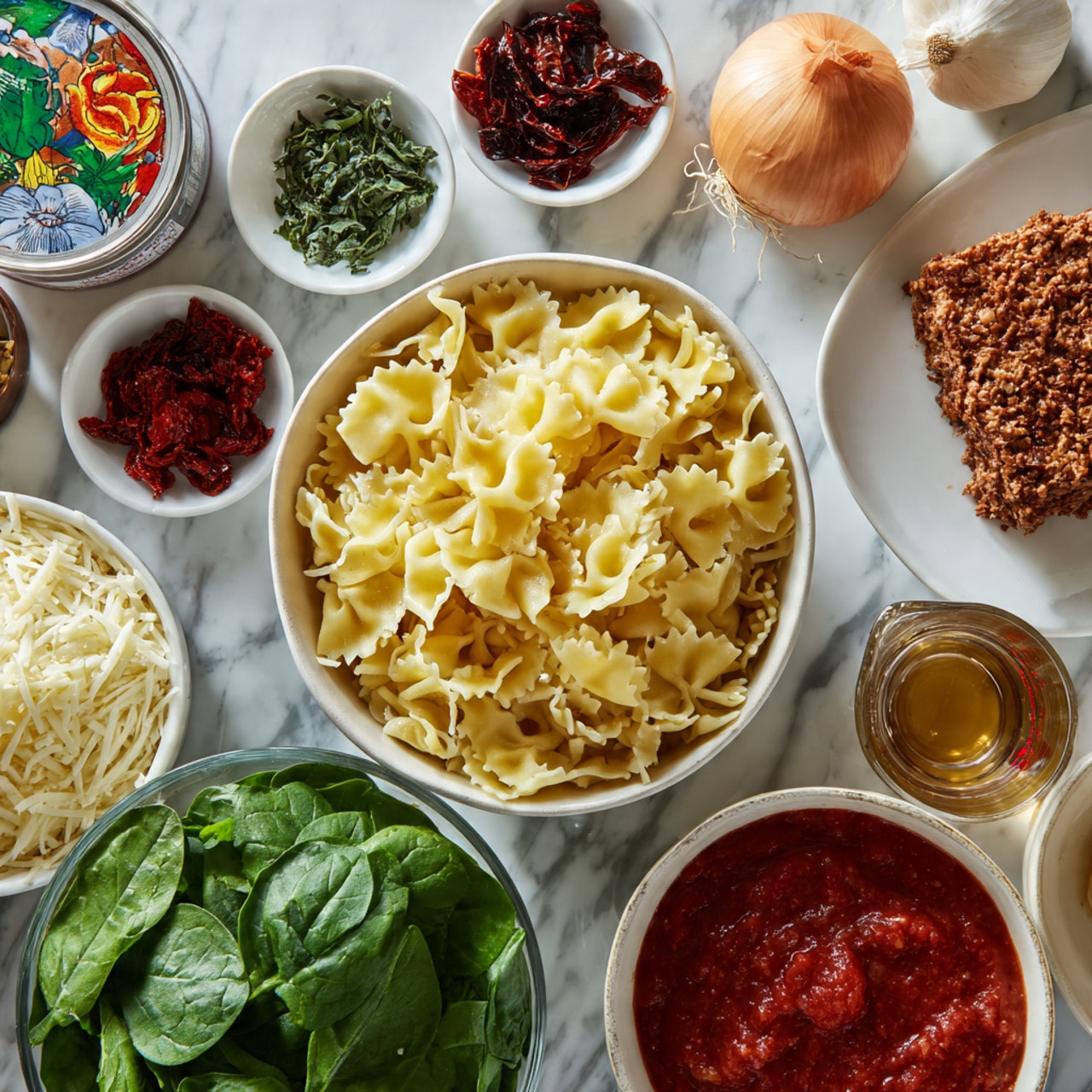 This image shows many ingredients laid out on a white marbled surface for making a pasta dish. In the center is a white bowl filled with light yellow, ruffled pasta pieces. Surrounding it are small white dishes holding green dried herbs, bright red crushed peppers, and dark red sun-dried tomatoes. A large white bowl is full of fresh, dark green spinach leaves on the lower right. To the left, there is a can of peeled tomatoes with a colorful label, next to a white bowl of shredded white cheese, and a white bowl filled with a crumbly off-white cheese. Below the pasta bowl is a clear glass bowl with a deep red tomato sauce and another with shredded cheese. A whole round onion and a whole garlic bulb sit near the ingredients. In the upper right, a white plate holds a square block of brown textured vegan meat, and there is a clear glass measuring cup with brown broth inside. A small clear glass displays fresh green basil leaves. Photo taken with an iphone --ar 4:5 --v 7