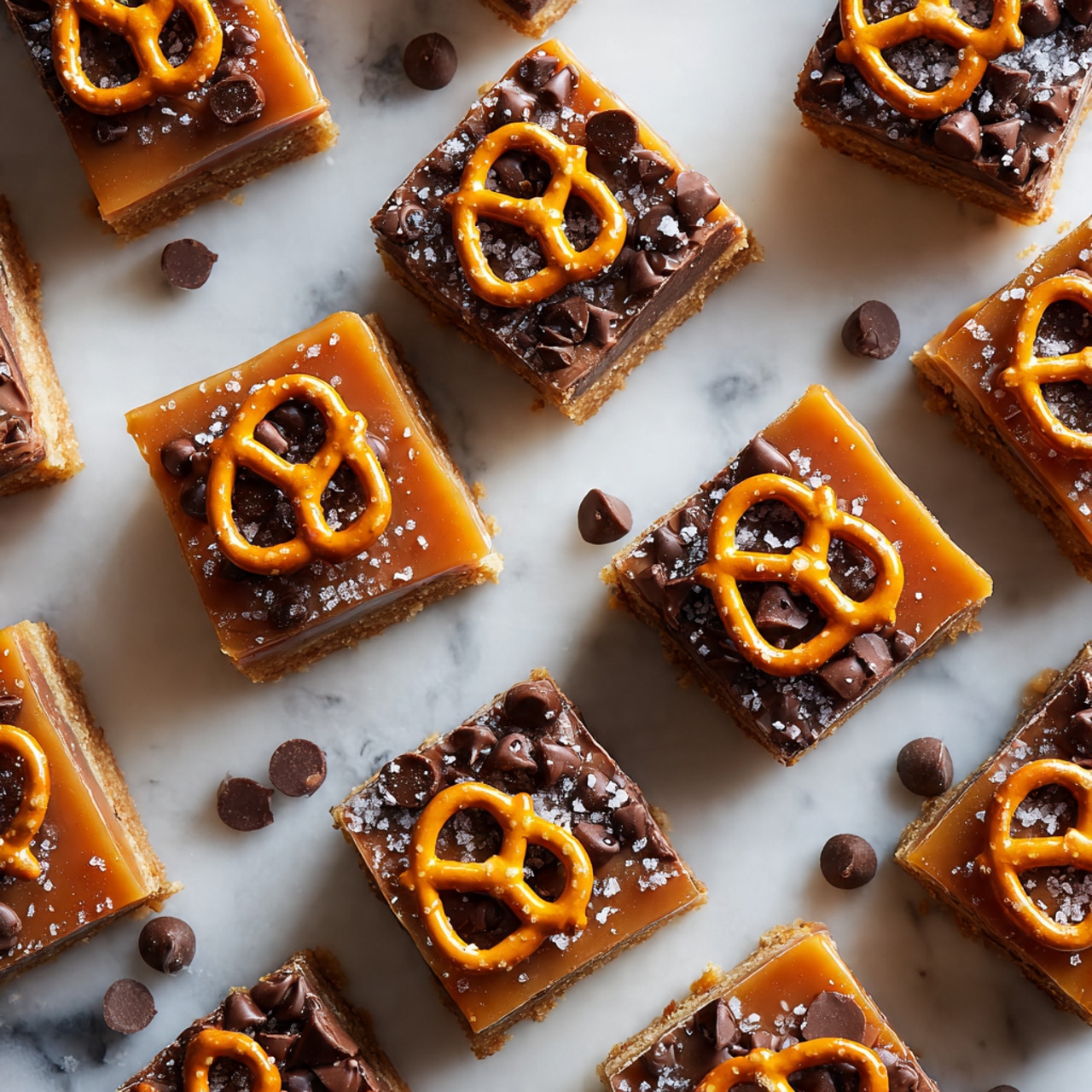 The image shows twelve square-shaped bars arranged on a white marbled surface, each with three main layers: the bottom layer is a light brown cookie base, the middle is a glossy caramel layer with melted chocolate chips resting on it, and the top is a small golden pretzel sprinkled with coarse salt. Some loose chocolate chips and pretzels are scattered around the bars on the surface. The colors are warm with light and dark browns, shiny caramel, and the matte texture of the pretzels. photo taken with an iphone --ar 4:5 --v 7