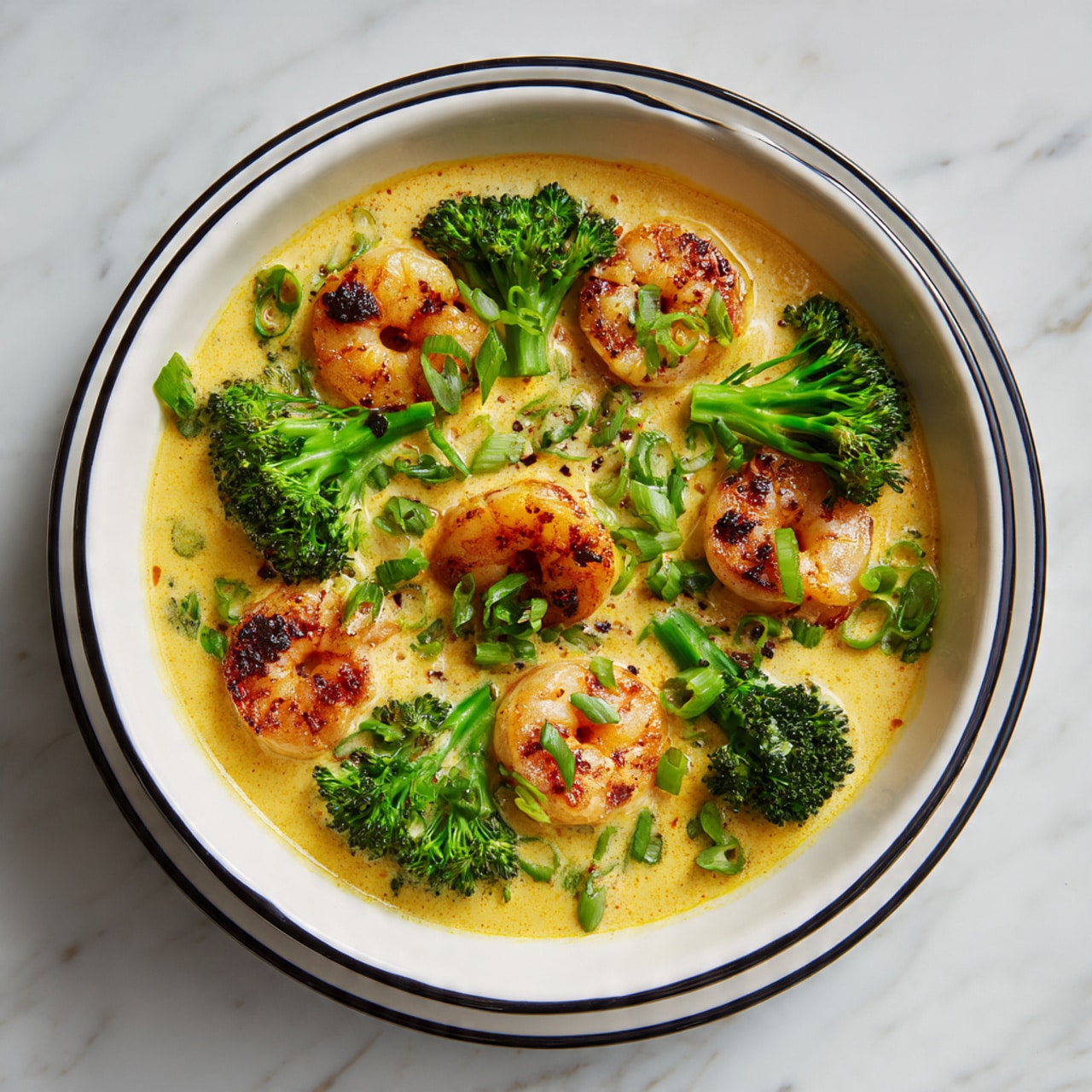 The dish is served in a white bowl with a black rim, placed on a stack of two white bowls with black rims on a white marbled surface. The base layer is a smooth, yellow creamy sauce covering the whole bowl. On top of this sauce, there are six lightly browned shrimp pieces scattered evenly, showing a slightly curled shape and a glossy texture. Bright green chopped spring onions are sprinkled around, adding color contrast. Around the edge of the bowl, fresh, dark green broccoli florets are neatly placed, touching the sauce and creating a ring. The lighting highlights the glossy shine of the sauce and shrimp, making the dish look fresh and warm. photo taken with an iphone --ar 4:5 --v 7