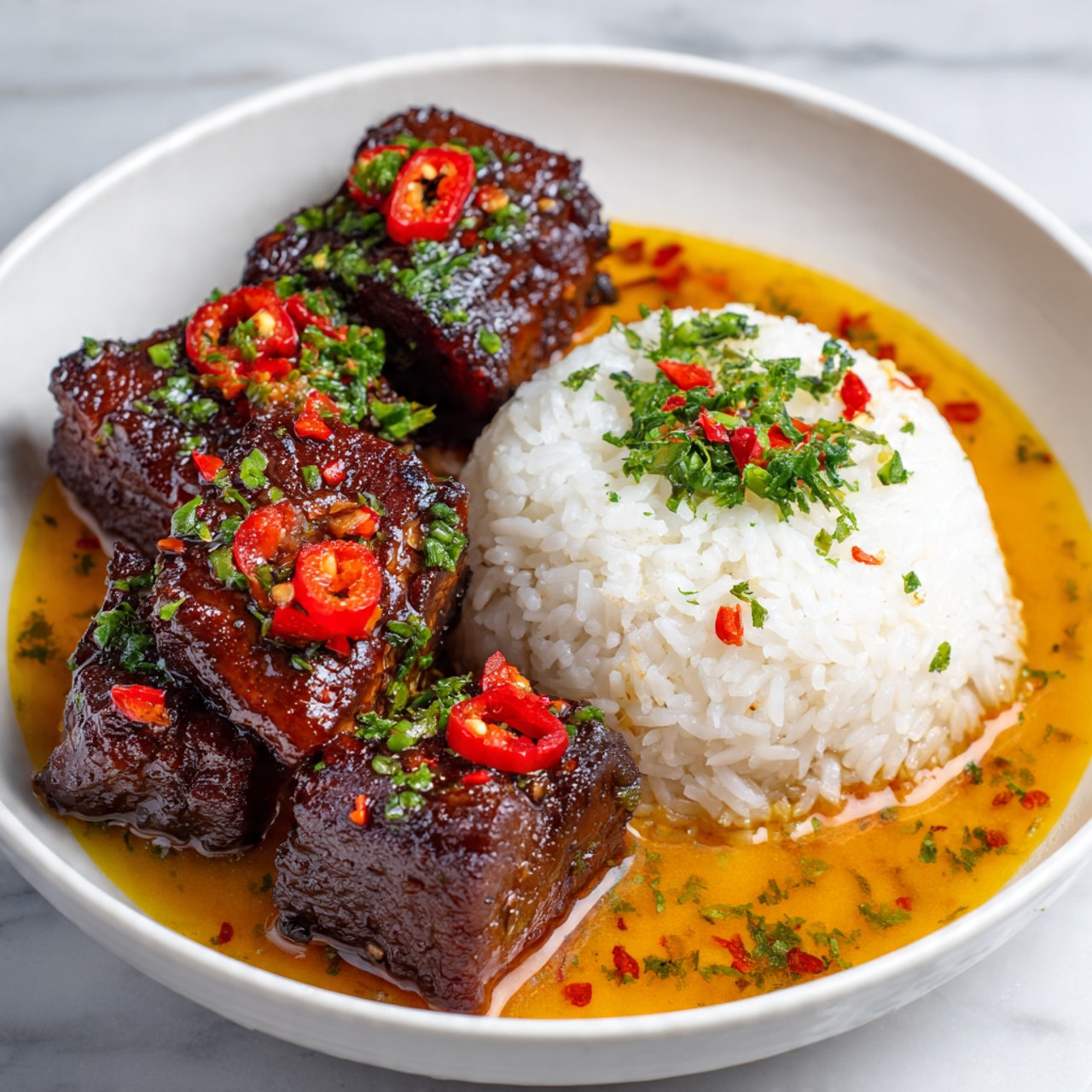 A white bowl holds a dish with two main parts: on the left, several pieces of dark brown, glazed meat with a shiny and slightly crispy texture, topped with green herbs and small red chili slices. On the right, a neat mound of white rice, sprinkled with chopped green herbs and red chili slices. Both the meat and rice sit in a shallow pool of orange-brown sauce, scattered with herbs and chili flakes. The background is a white marbled texture. photo taken with an iphone --ar 4:5 --v 7