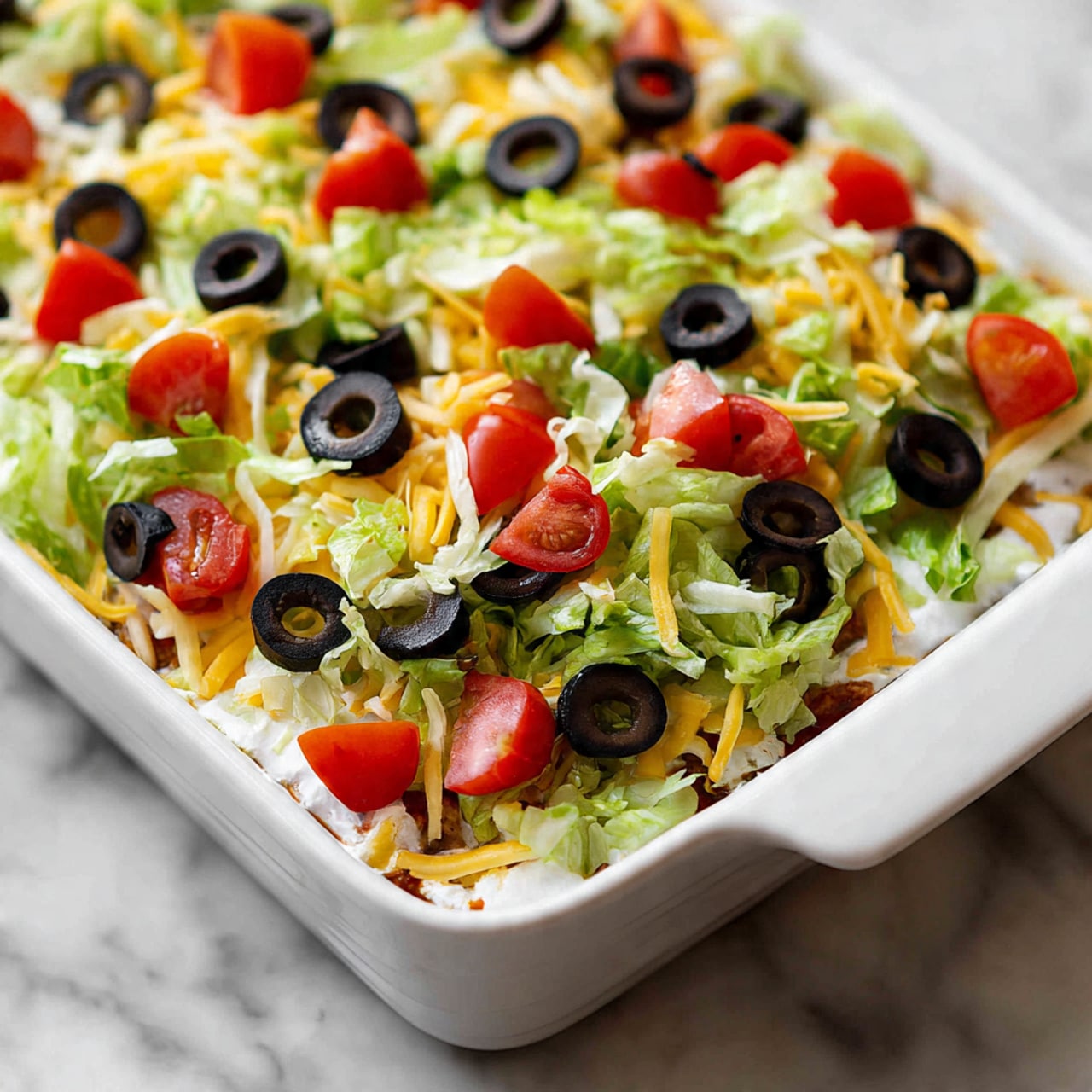The image shows a close-up of a layered dish being lifted with a metal spatula. The dish has three main layers: the bottom layer is a light yellow cornbread base, the middle layer is ground beef mixed with a dark sauce or seasoning, and the top layer is creamy white sour cream spread evenly. On top of the sour cream, there is a colorful mix of shredded yellow and white cheese, diced red tomatoes, sliced black olives, and some shredded lettuce, adding texture and color. The dish is in a white rectangular dish on a white marbled surface, and the background is softly blurred. photo taken with an iphone --ar 4:5 --v 7