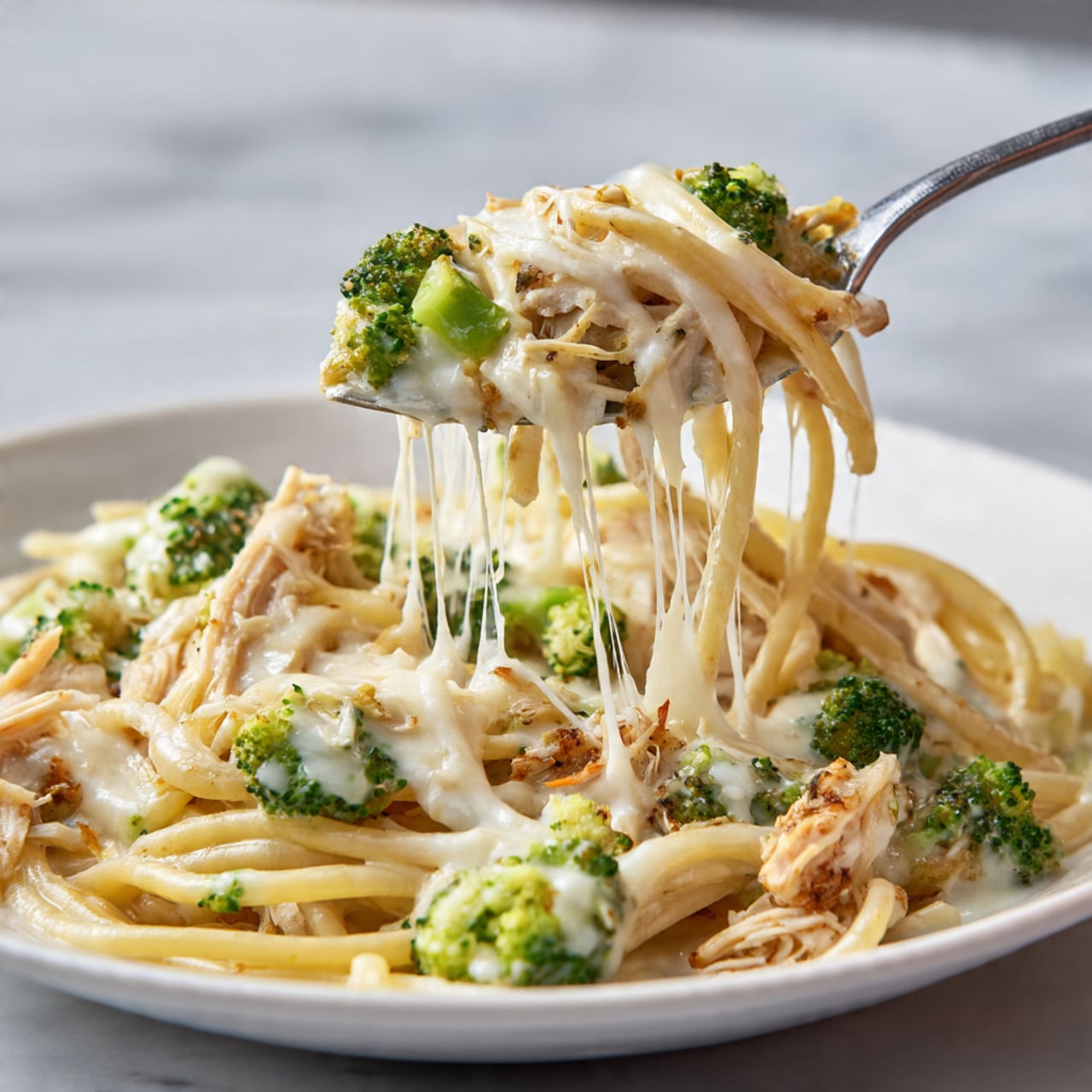 A close-up view of a white plate filled with creamy pasta, showing a spoon lifting up a mixed bite with small green broccoli florets, light yellow pasta, and pieces of light brown chicken. The pasta is covered with melted white cheese stretching in thin strings. The broccoli pieces are textured with small buds, the chicken is shredded in soft strips, and the sauce looks smooth and shiny. The plate sits on a white marbled surface, with the background blurred to keep the focus on the hot, cheesy pasta. Photo taken with an iphone --ar 4:5 --v 7