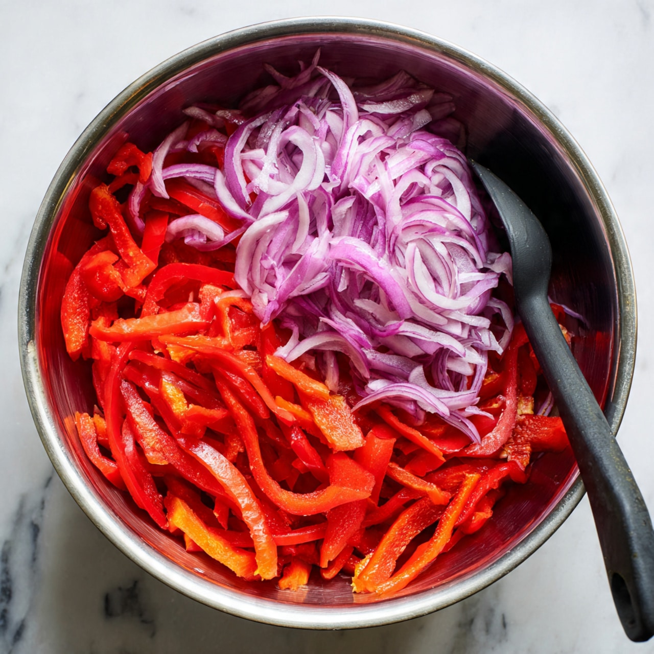 This image shows a metal bowl filled with two layers of vegetables. The bottom layer is bright red thin strips of bell pepper covering most of the bowl. On top, there is a layer of light purple thinly sliced red onions arranged in a loose pile towards the upper right side. The bowl has a metallic shine, and a black spatula is partially visible resting inside. The background is a white marbled texture. photo taken with an iphone --ar 4:5 --v 7