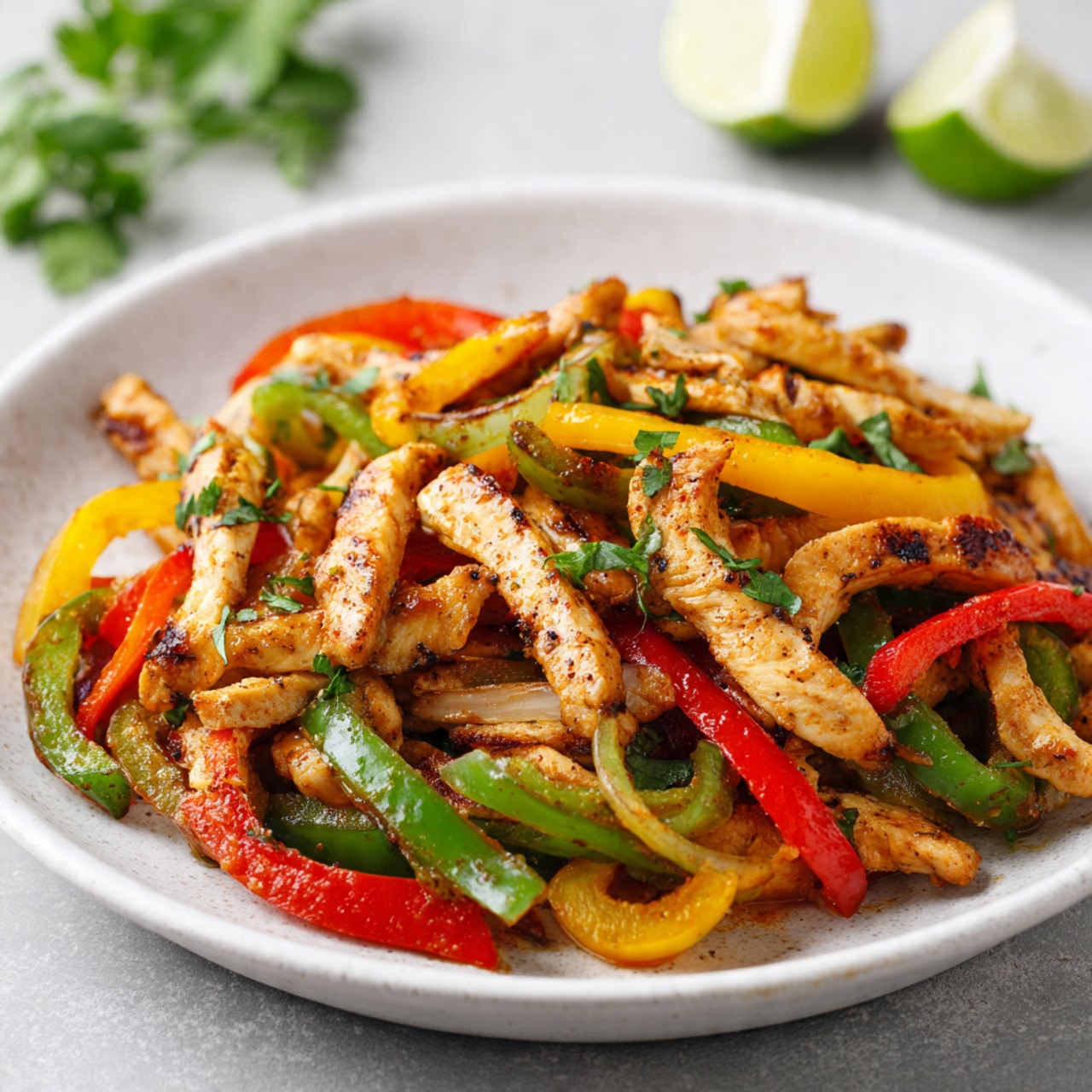 Inside a black air fryer basket, there is one layer of cooked sliced chicken pieces mixed with sliced bell peppers and onions. The chicken slices are light brown with a slightly grilled texture. The bell peppers are long strips in three colors: green, yellow, and red, all with a soft, cooked look and some charred edges. The sliced onions are pale and soft, scattered evenly across the chicken and peppers. The background below the basket is a white marbled texture. photo taken with an iphone --ar 4:5 --v 7
