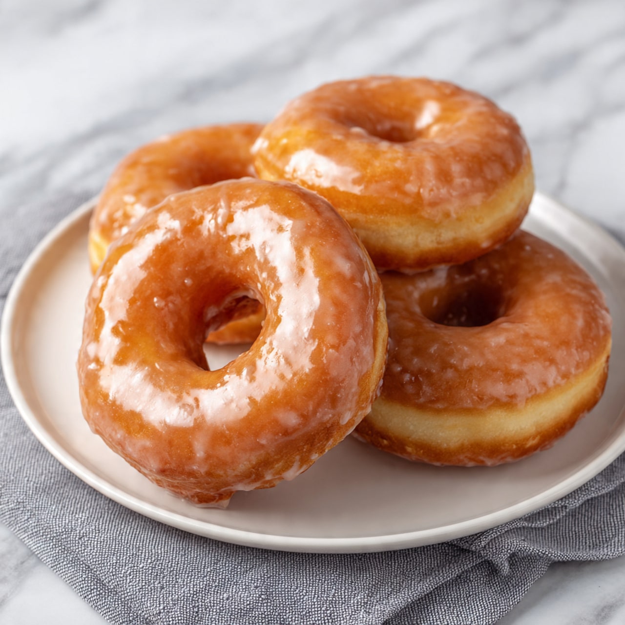 Three glazed donuts sit close together on a round white plate. Each donut has a shiny, light brown glaze covering the top layer, which looks smooth and slightly sticky, while the sides show a soft, golden brown dough. The donuts are thick with a clear round hole in the center. The plate is placed on a soft gray cloth with a white marbled surface in the background. Photo taken with an iphone --ar 4:5 --v 7
