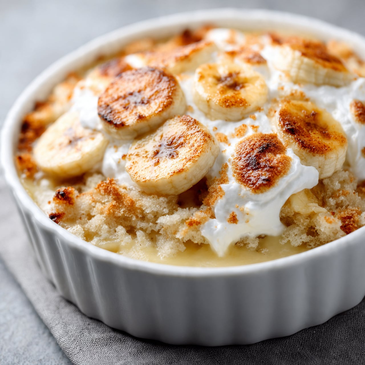 The image shows a slice of layered dessert on a white plate with a silver fork beside it. The dessert has three layers: the bottom layer is a light, crumbly biscuit, the middle layer consists of creamy banana slices visible through a smooth, pale yellow custard, and the top layer is a square biscuit with a light golden pattern imprinted on it. The dessert looks soft and creamy with a slightly melted texture around the edges. The background is a white marbled surface with a light blue cloth under the plate and a blurred larger dish of the same dessert in the back. photo taken with an iphone --ar 4:5 --v 7