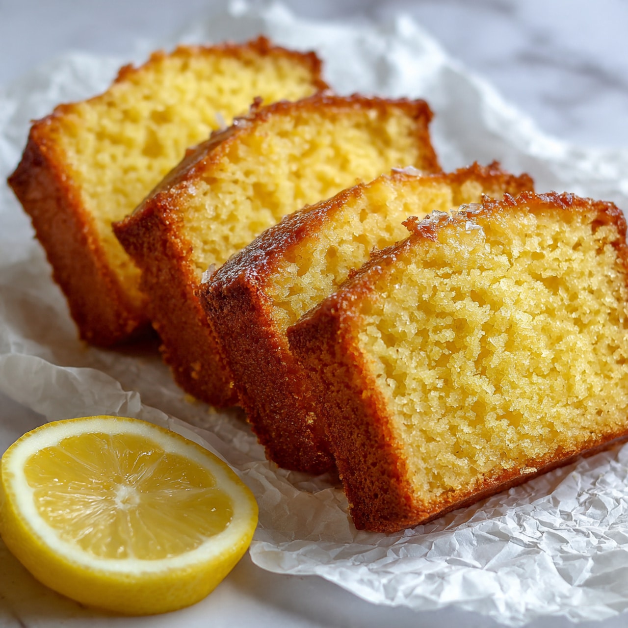 The image shows three slices of yellow lemon cake with a light, moist texture and a golden brown crust, arranged side by side on crinkled white paper over a white marbled surface. In front of the slices, there is a half of a fresh lemon, showing its pale yellow inner flesh and thin rind. The scene is simple and natural, highlighting the soft crumb and slightly shiny surface of the cake. Photo taken with an iphone --ar 4:5 --v 7