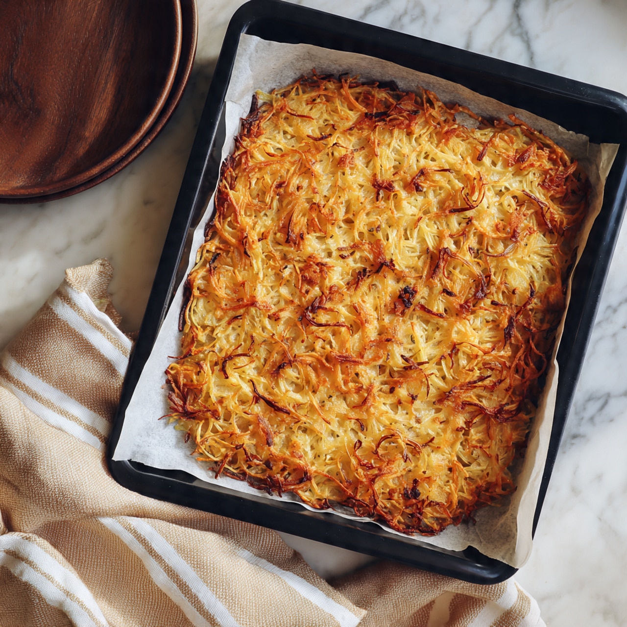 The image shows a thin, crispy baked dish on white baking paper inside a black baking tray. The dish is made of mixed thin strips of yellow, orange, and light brown ingredients that look baked and slightly browned on the edges. The strips are unevenly spread, creating a lace-like texture with crispy parts and some soft-looking parts interwoven. The baking tray is placed on a white marbled surface with a beige and white striped cloth nearby and a dark plate in the top left corner. Photo taken with an iphone --ar 4:5 --v 7