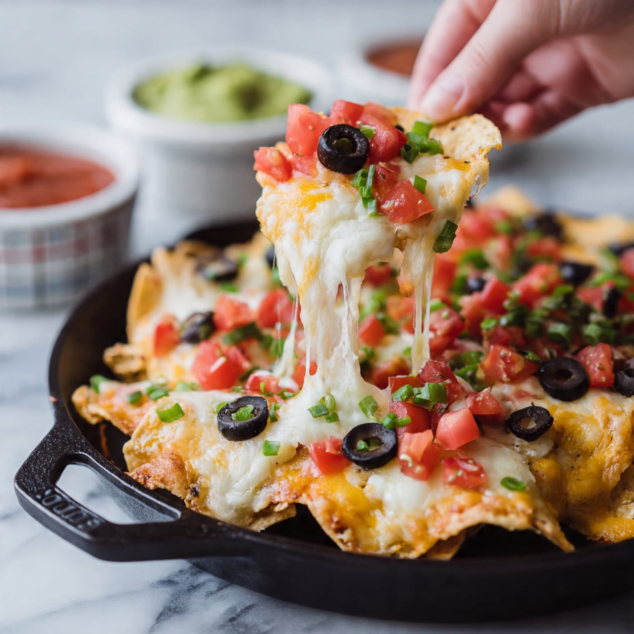 A close-up of a white corn chip held by a woman's hand, lifting it from a black pan filled with layered nachos. The nachos have three layers: the base is crispy white corn chips, the middle layer has melted white and yellow cheese stretching as the chip lifts, and the top layer is scattered with diced red tomatoes, sliced black olives, and chopped green onions. In the background, there are small white bowls with checked patterns holding red salsa and green guacamole, all set on a white marbled surface. Photo taken with an iphone --ar 4:5 --v 7