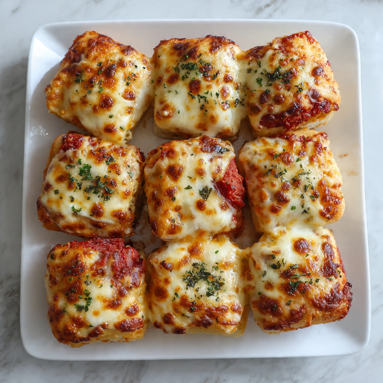 The image shows several golden brown pastries placed closely together on a white plate. Each pastry has a crispy, flaky dough base with visible layers, filled with a red tomato sauce and melted cheese inside. The top layer is covered with a bubbly, browned cheese crust, sprinkled with dried herbs and black pepper. The edges of the pastries are slightly crisped and browned, giving a warm and fresh-baked look. The background is a white marbled texture. photo taken with an iphone --ar 4:5 --v 7