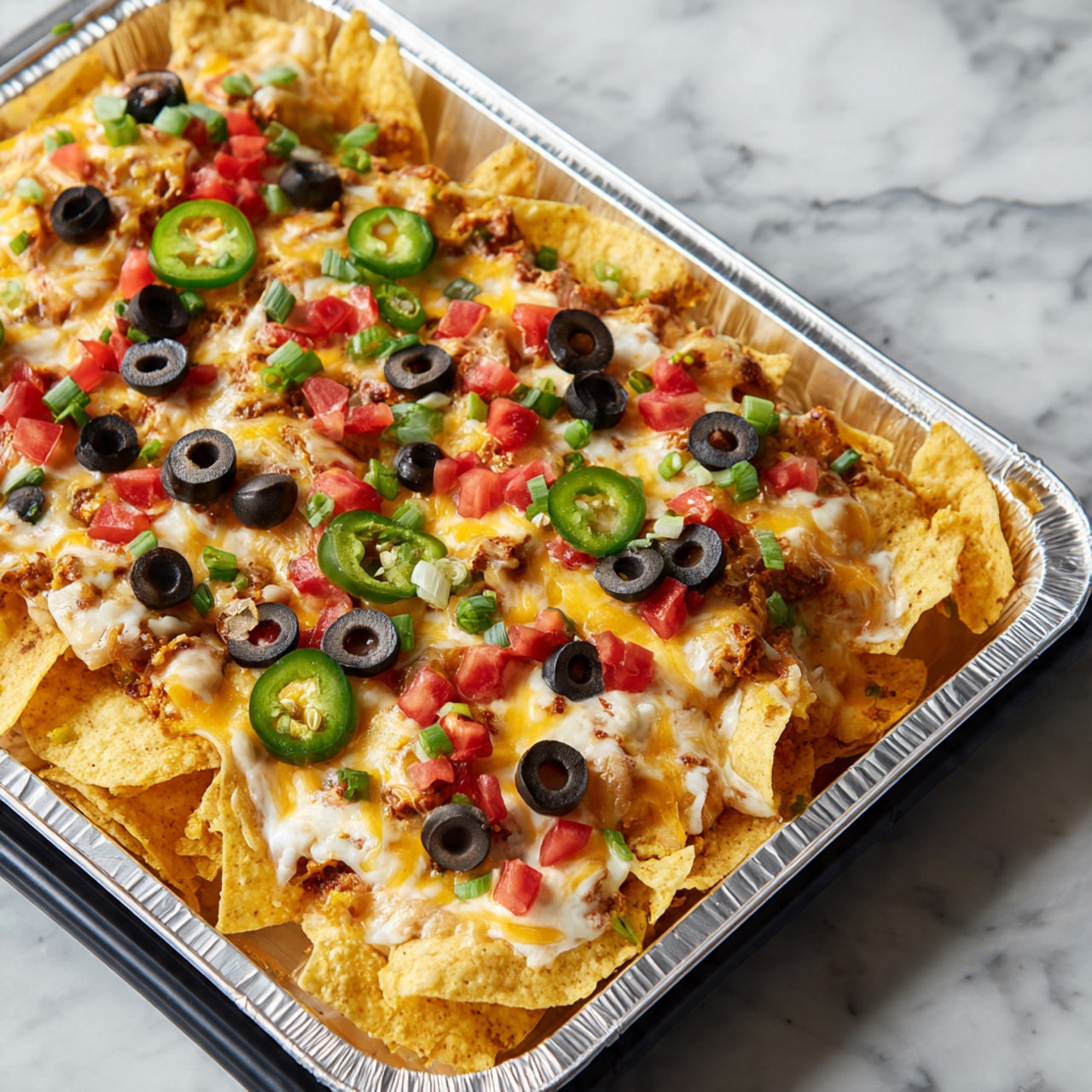 A large rectangular aluminum tray filled with a single layer of yellow corn tortilla chips as the base. On top, there is a layer of melted white and orange cheese spread unevenly but fully covering many chips. Scattered on the cheese are sliced black olives, thin slices of green jalapeño peppers, and small diced red tomatoes. There are also small pieces of chopped green onions sprinkled across the whole dish. The tray is set on a black grill, but the visible surface below is changed to a white marbled texture. photo taken with an iphone --ar 4:5 --v 7