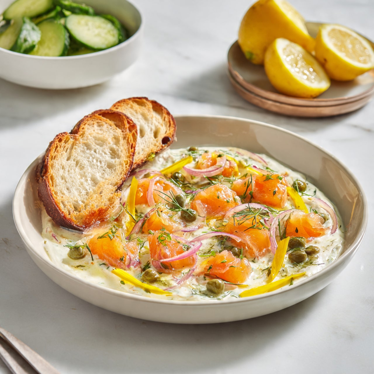 The dish is served on a white shallow plate with a smooth base layer of creamy white spread evenly covering the surface. On top, there are small chunks of bright orange fish scattered uniformly, mixed with thin strips of pale red onion and a handful of small green capers. Thin yellow strips are spread across the plate, adding a touch of freshness. Small green herbs are sprinkled over the entire dish, creating a colorful, fresh look. Two toasted round slices of light brown bread rest on one edge of the plate. The plate sits on a white marbled surface, with a bowl of sliced green cucumbers and a bowl with lemon wedges visible in the background. photo taken with an iphone --ar 4:5 --v 7