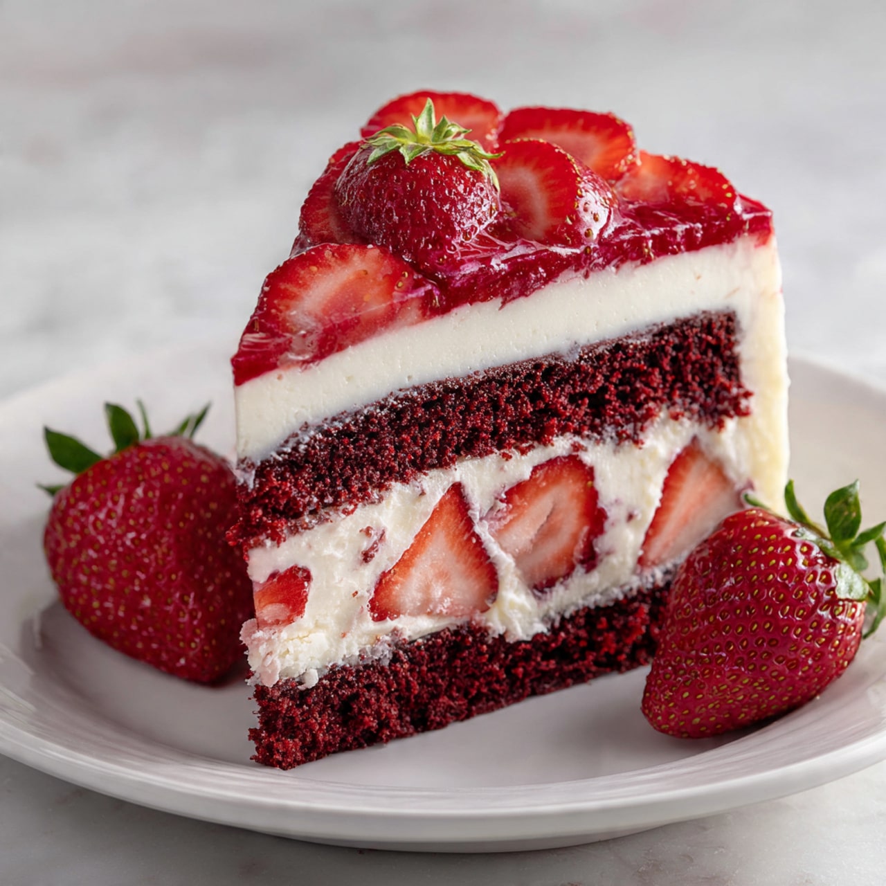 A slice of red velvet cake with three main layers sits on a white plate over a white marbled surface. The bottom and middle layers are dark red, soft, and moist cake. Between these cake layers, there is a layer full of sliced bright red strawberries mixed with white creamy filling. Above the middle layer, a thick white creamy layer spreads smoothly. The top layer is a shiny, red glaze with whole and sliced strawberries arranged on it, with one strawberry having green leaves visible at the top center of the slice. A whole glazed strawberry lies on the plate next to the cake slice. Photo taken with an iphone --ar 4:5 --v 7
