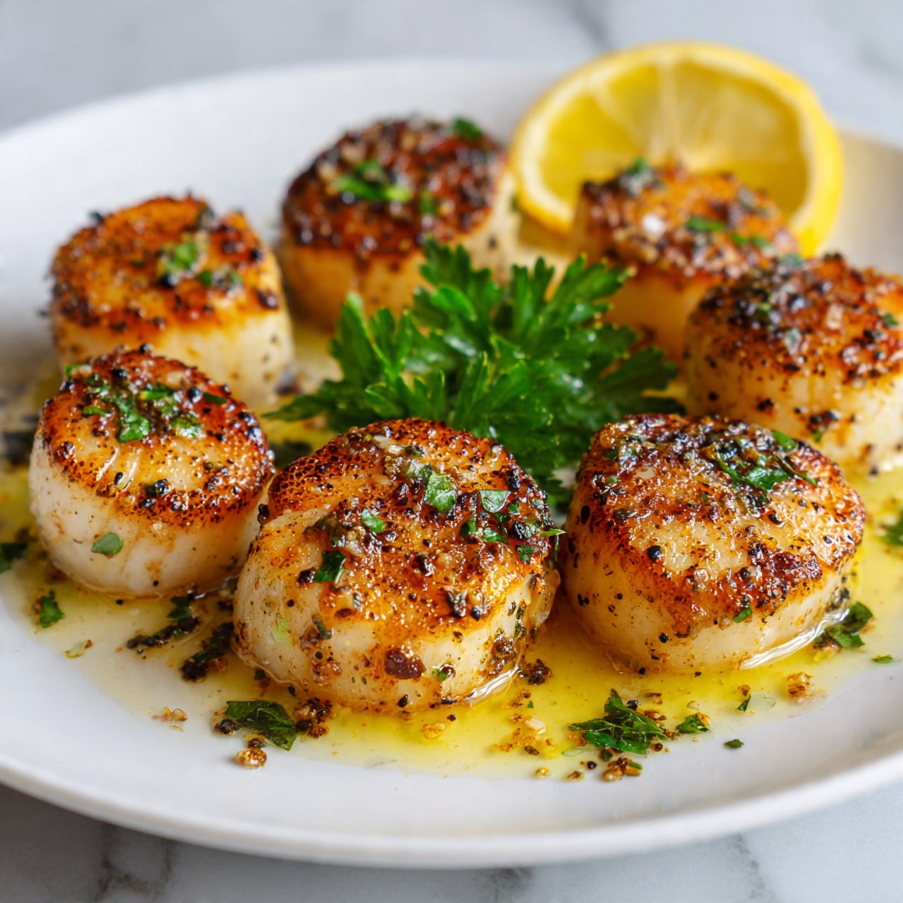 The image shows a dish with eight golden-brown seared scallops arranged in a circle on a white plate, sitting in a bright yellow buttery sauce. Three thin lemon slices sit stacked in the center of the plate partly covered by the sauce, adding a pop of yellow color. The scallops have a slightly charred surface with crispy edges and some black pepper sprinkled on top. Fresh green chopped herbs are scattered evenly over the scallops and sauce, adding a fresh touch. The plate is on a white marbled surface, enhancing the bright colors of the dish. photo taken with an iphone --ar 4:5 --v 7