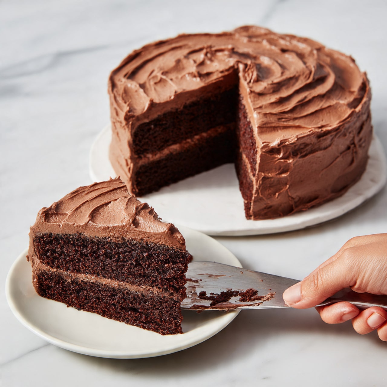 A three-layer chocolate cake sits on a white plate, each layer dark brown with a smooth, thick light brown chocolate frosting between them. The entire cake is covered in the same light brown frosting, which is spread in soft swirls creating a textured surface on top and around the sides. One slice is placed on another white plate showing the layers clearly. A woman’s hand holds a cake server with some chocolate frosting on it, resting on the white marbled surface next to the cake. Photo taken with an iphone --ar 4:5 --v 7