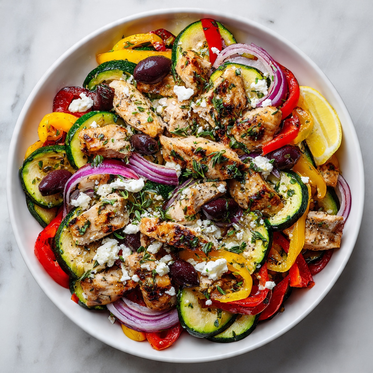 The dish is served in a large white bowl on a white marbled surface, filled with several layers of colorful ingredients. At the base are green slices of zucchini and bright slices of red and yellow bell peppers, mixed with purple rings of red onion. On top of this, there are many pieces of cooked golden-brown chicken scattered evenly, along with dark purple olives placed throughout. The dish is garnished with small crumbles of white cheese and fresh green herbs sprinkled on top. A lemon wedge is visible on the side, adding a pop of bright yellow. The textures range from soft cooked vegetables to the slightly crisp chicken pieces, creating a fresh and vibrant look. photo taken with an iphone --ar 4:5 --v 7