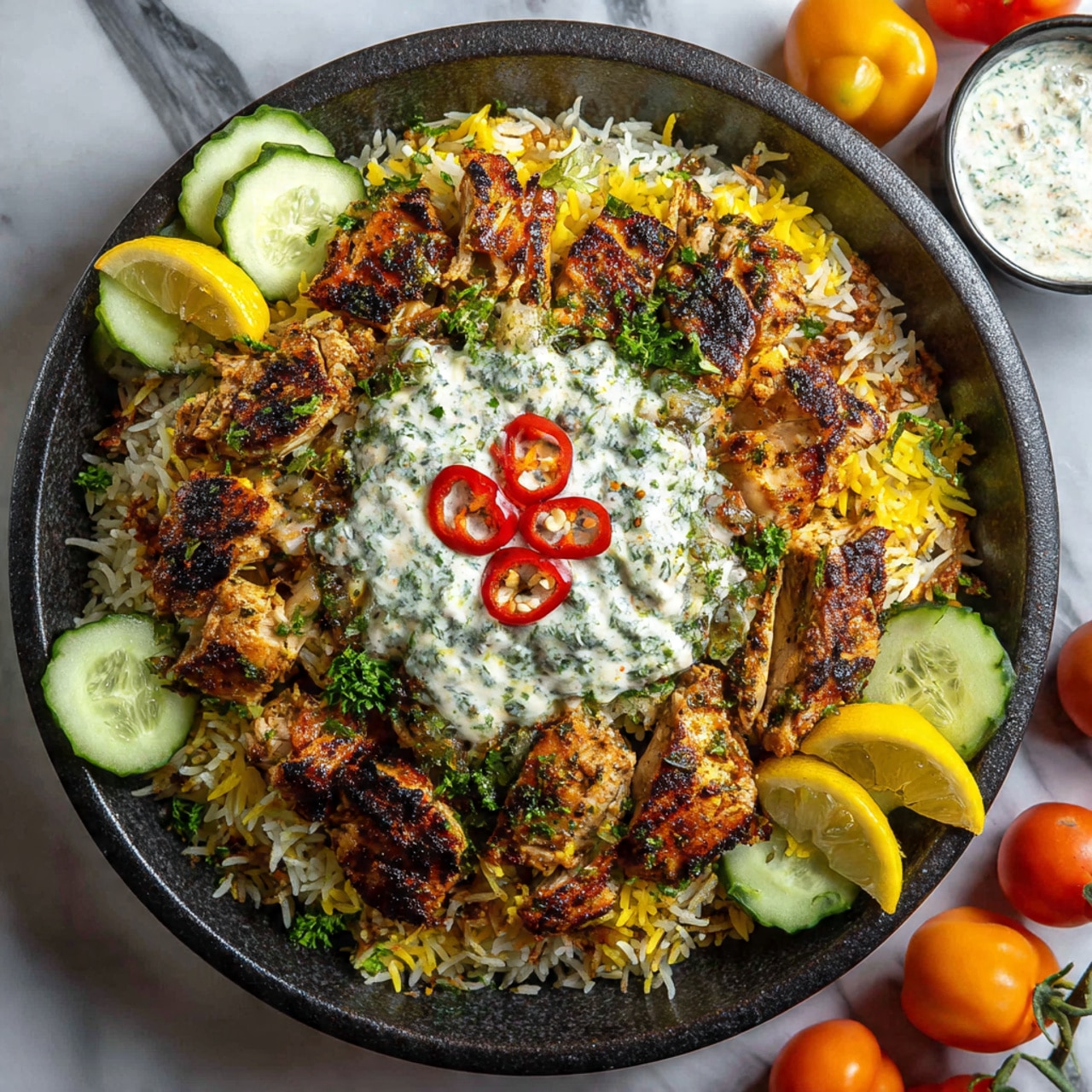 A round dark bowl holds a colorful dish with three main layers. The bottom layer is mixed white and yellow rice spread evenly inside the bowl. On top of the rice, there are pieces of grilled chicken with a charred texture and a warm golden-brown color, scattered evenly around the center. In the middle, there is a dollop of white sauce with green herbs mixed in, topped with two small red chili slices. Around the edge of the bowl, slices of cucumber and lemon wedges are placed, and fresh green parsley is sprinkled all over. The bowl is set on a white marbled surface with some orange tomatoes and a small white sauce bowl nearby. Photo taken with an iphone --ar 4:5 --v 7