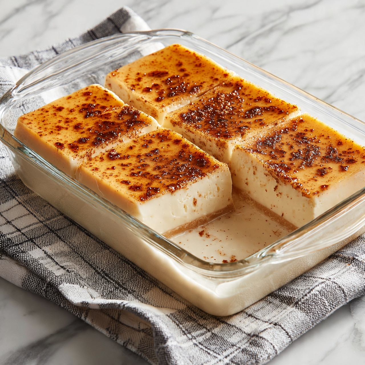 The image shows a glass rectangular dish filled with a creamy dessert that has two visible layers. The bottom layer is pale and smooth with a slightly thick texture, while the top layer is a thin, golden-brown caramelized surface sprinkled lightly with brown specks, likely cinnamon or nutmeg. The dessert is cut into large square pieces, with one piece slightly removed on the right side, revealing the soft texture of the bottom layer. The dish rests on a white marbled surface with a grey and white checked cloth underneath. Photo taken with an iphone --ar 4:5 --v 7