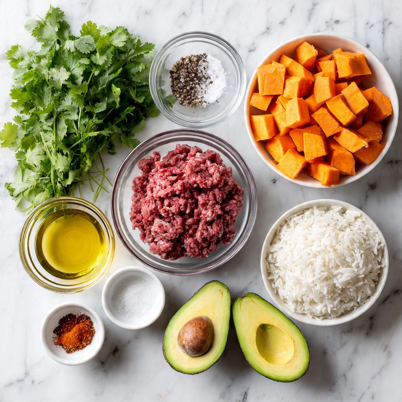 A top view of different ingredients arranged on a white marbled surface, featuring a bunch of fresh green cilantro leaves on the top left, a small clear glass bowl with mixed salt and pepper next to it, and a white bowl filled with bright orange cubed sweet potatoes on the top right. In the middle, there is a clear glass bowl with raw ground beef showing red and brown tones, next to a smaller bowl filled with white cooked rice. On the bottom left, a clear bowl with golden olive oil sits above two small white bowls containing red and brown spices. A tiny clear bowl with white salt is positioned near the center bottom, and to the right are two halves of a ripe avocado showing their light green flesh and brown pit on a white marbled surface. Photo taken with an iphone --ar 4:5 --v 7